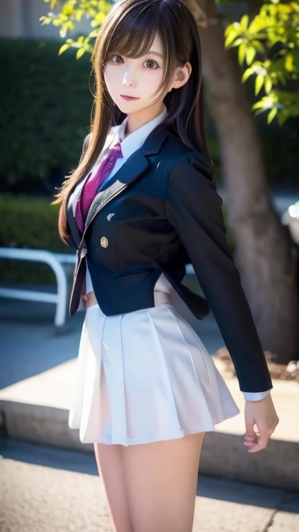 photorealistic, masterpiece, detailed, high_resolution, 1 pretty junior highschool girl, lowteen, transparent sparkle eyes, looking at viewer, tight bible black uniform, red tie, red skirt, black vest, both hands on hips, zettai ryouiki, angled waist, medium wide hips, soft sunlight, depth of field, bokeh,