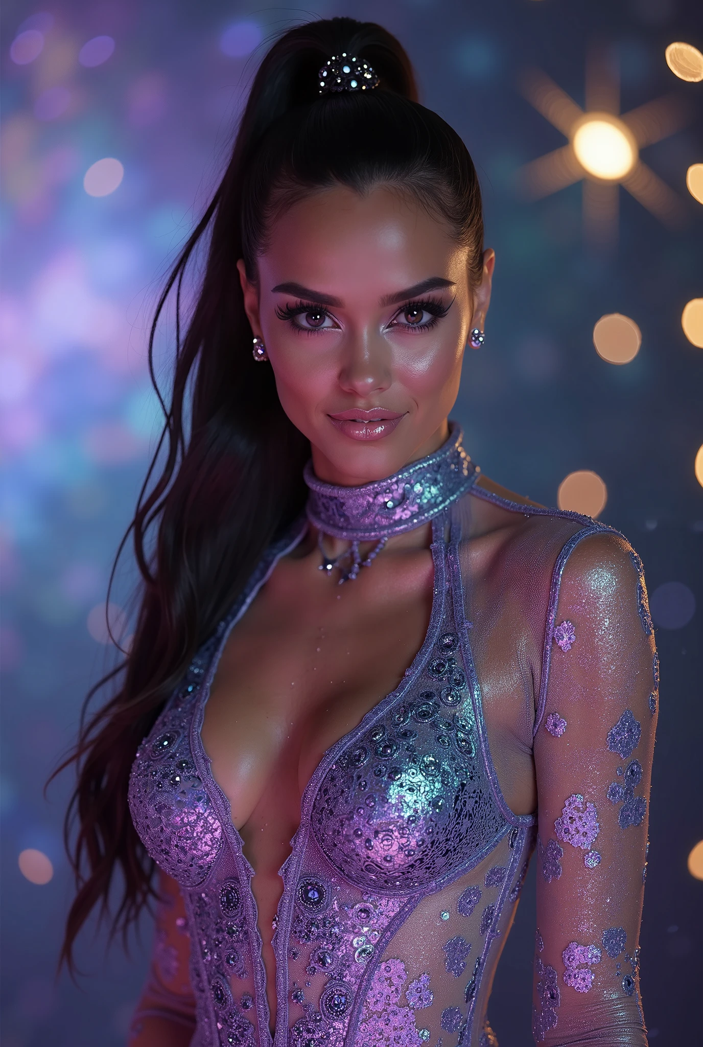 score_9, score_8_up, score_7_up, Expressive, 1girl, beautiful 20yo woman, detailed face, elegant face, adorable eyes, supermodel, fit body, curvy body, in the background is a nightclub, she is dancing there. the caucasian twenty-year-old has long black hair, and wears an iridescent string bikini, and a choker of the same iridescent material