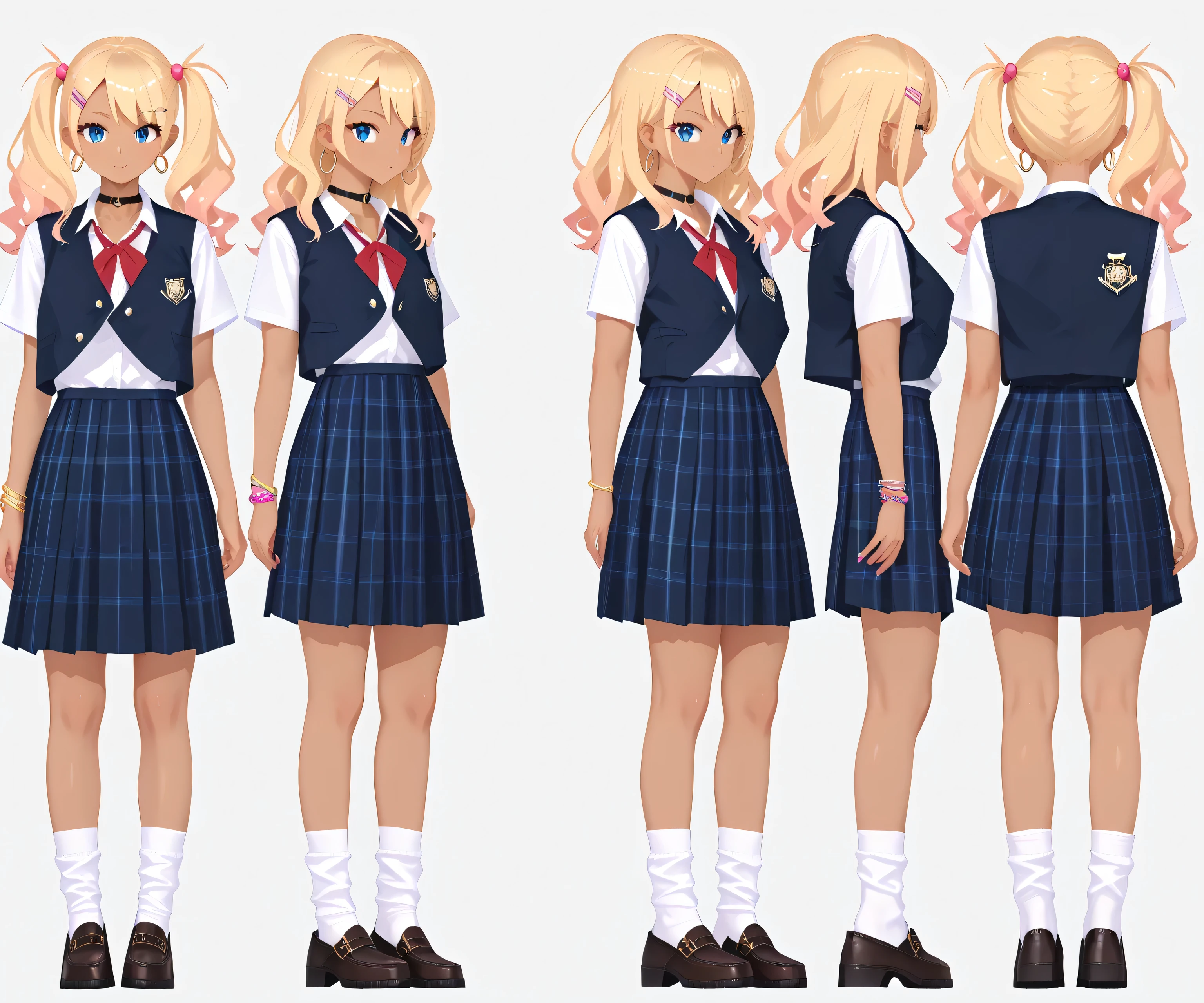 ore_9, score_8_up, score_7_up, BREAK, imtdein, full body character turnaround of 1girl,Multiple views of the same character in the same outfit, simple background, white background, solo, blue eyes, plaid skirt, blonde hair, ((school uniform, shirt, vest, skirt)), choker, front hair bob , long hair hair, hairclip, hoop earring, ((baggy HARAJUKU SOCKS)), rating_questionable. #model sheet #consistent character #turnaround #multiview Gyaruu, tan, Gyaru #school uniform #uniform