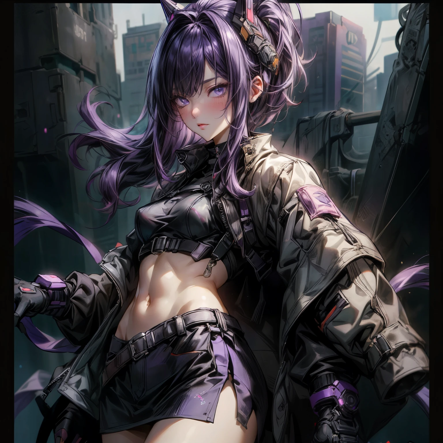 ((best quality)), ((Masterpiece)), ((Enrich the picture,Masterpiece level quality)), ultra background details, an image of a beautiful cyberpunk woman, mature woman, fierce woman, FBI uniform, หมวกตำรวจ, future theme, (( curtainbangs, purple hair)), golden eyes, sexy mini bikini, sexy black mini skirt, sexy jacket, ผู้คน, office, ตุ้มหู, headgear, gloves
