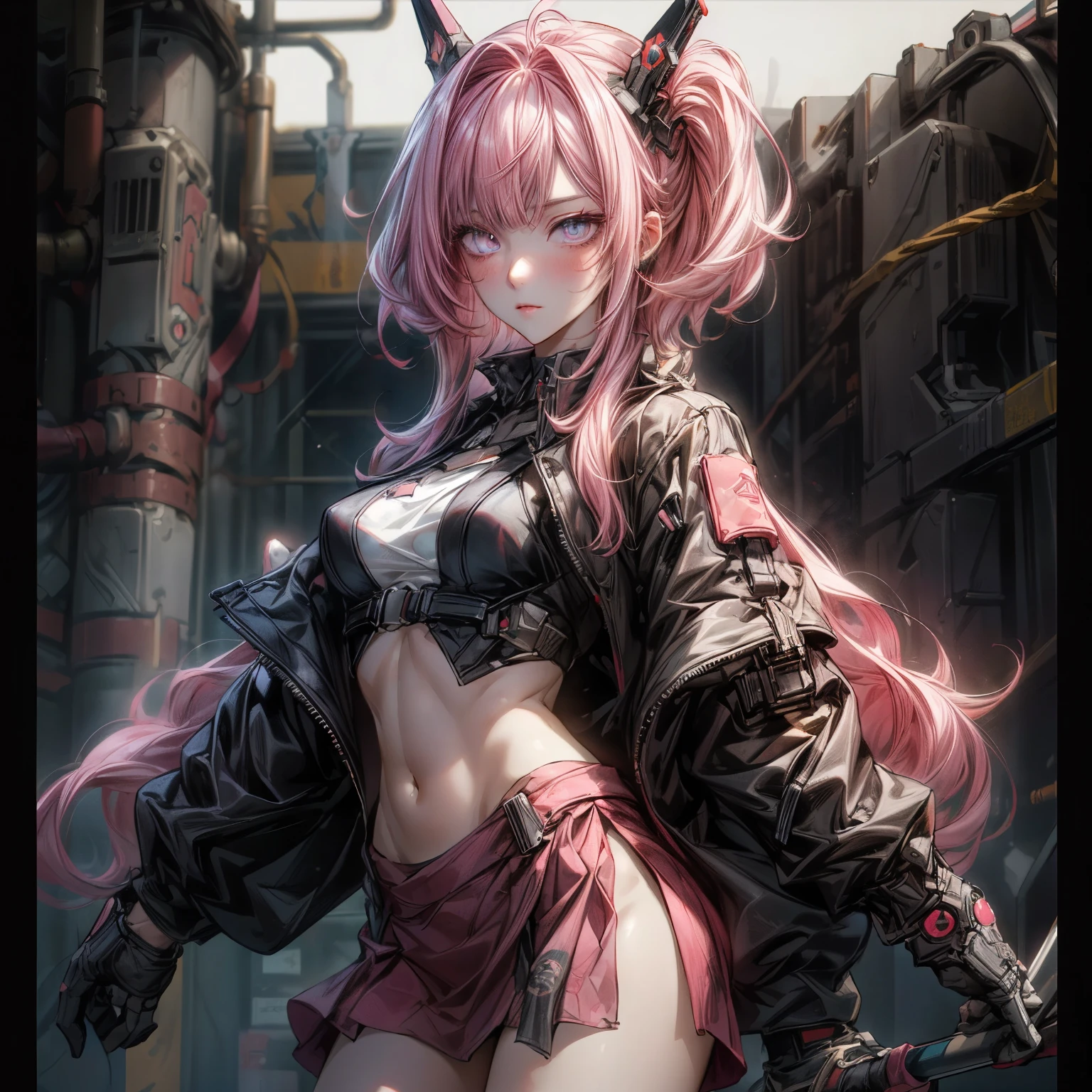 ((best quality)), ((Masterpiece)), ((Enrich the picture,Masterpiece level quality)), ultra background details, an image of a beautiful cyberpunk woman, mature woman, fierce woman, FBI uniform, หมวกตำรวจ, future theme, (( curtainbangs, pink hair)), golden eyes, sexy mini bikini, sexy black mini skirt, sexy jacket, ผู้คน, office, ตุ้มหู, headgear, gloves