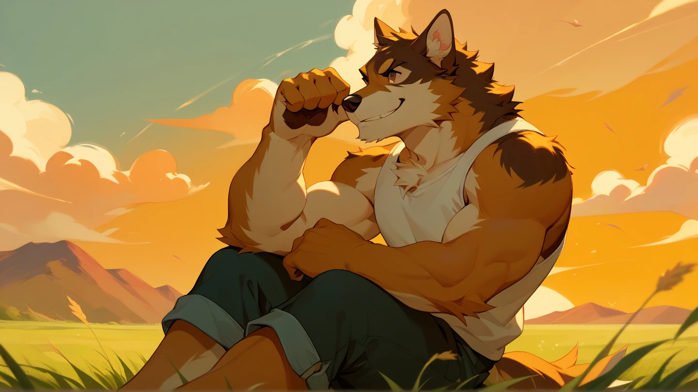 "Masterpiece, Cool Pose, Furry werewolf, werewolf, furry body, anthro orange werewolf, (monotone orange fur:1.3), male, black beard, white chest fur, adult, (heavily muscular, manly, brutal, masculine:1.4), green eyes, realistic eyes, Casual Set, Fierce, Good looking, Smirking, Breeze wind, Comfortable, Looking To Back, werewolf back, look at Sitting In Grass, High Ground, Sunset, Hill Background, (by Taran Fiddler, by Chunie, by Rukis, Bonifasko lighting), best posture, claws on hands, (photorealistic fur, detailed fur, epic, masterpiece:1.2), sexy shadows, (by echin, by Taran Fiddler, by takemoto arashi, by Traver009, by Juiceps), (detailed eyes:1.2), impressive physique, Focus on the back, Watching the sunset, a coffee cup on hand, no clothes