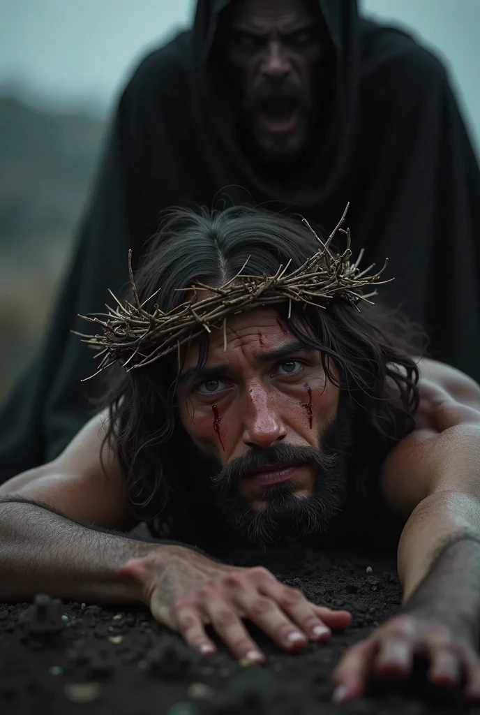 Jesus is fallen to the ground, wearing a crown of thorns. Tears stream ...