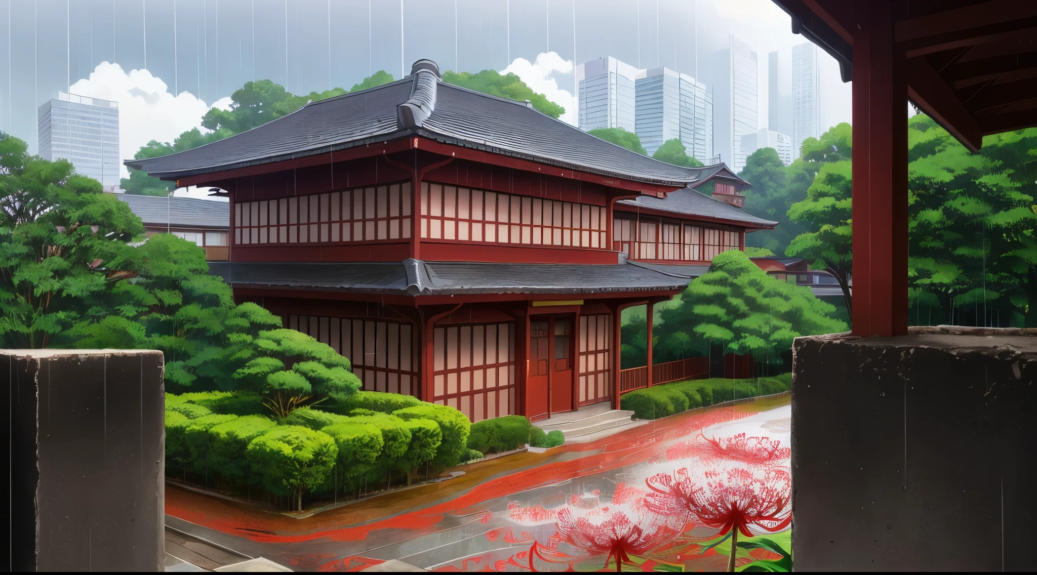 (Rainy sky) (Raindrops Falling) (Afternoon) (Grey Sky)
(80’s Anime) (Classic) (Vintage) (Retro)
1980’s Tokyo High School is a huge broad campus of several buildings build in a traditional Japanese High School style.
The school building is well hidden in the center of Tokyo's City, far and high in the Downtown District. Naturally, there is a garden where there are a lot of (Red spider lily flowers) (Higanbana) around the property to further obscure the location.
(View from the Stairwell)