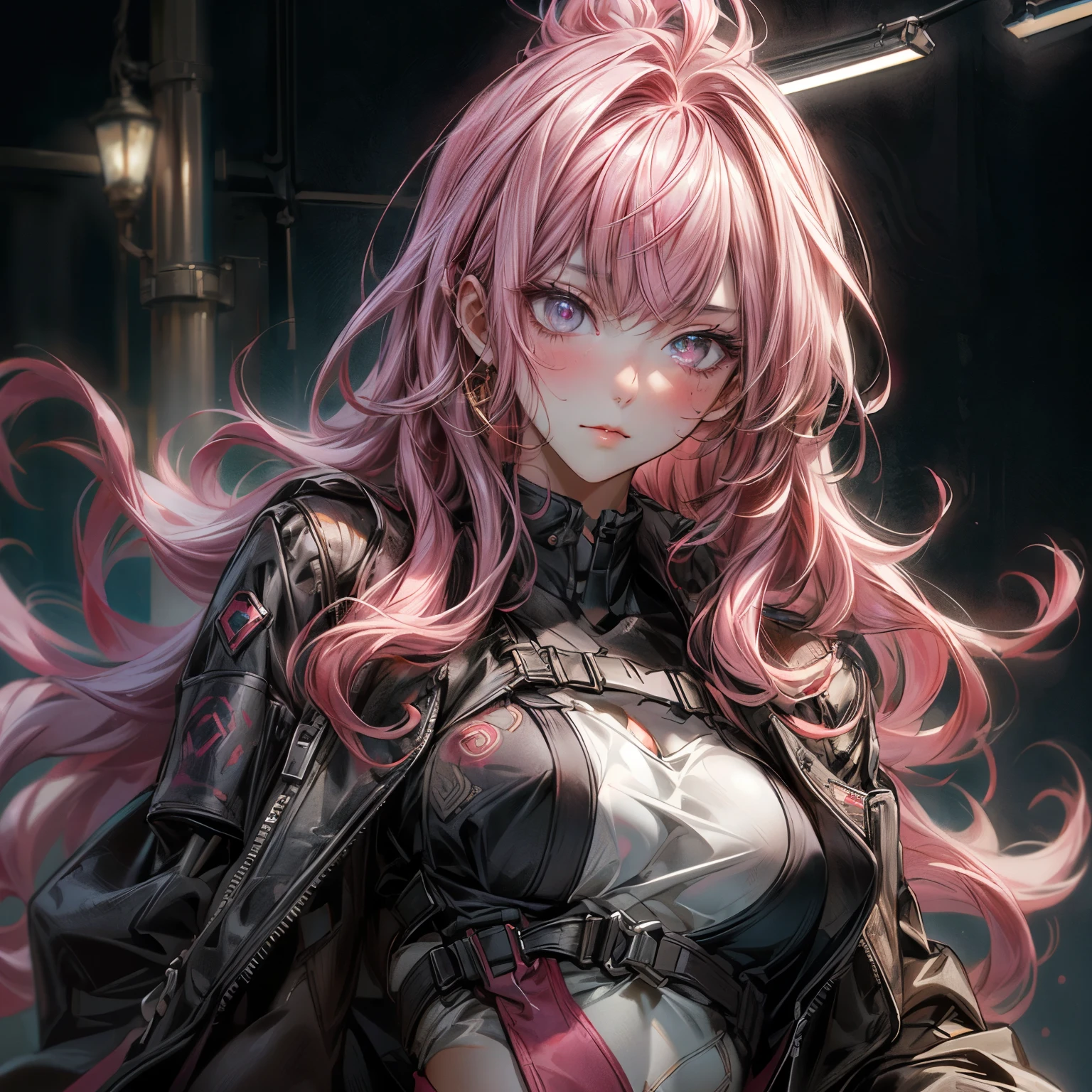 ((best quality)), ((Masterpiece)), ((Enrich the picture，Masterpiece level quality)), ultra background details, an image of a beautiful cyberpunk woman, mature woman, fierce woman, FBI uniform, หมวกตำรวจ, future theme, (( curtainbangs, pink hair)), golden eyes, sexy mini bikini, sexy black mini skirt, sexy jacket, ผู้คน, office, ตุ้มหู, gloves