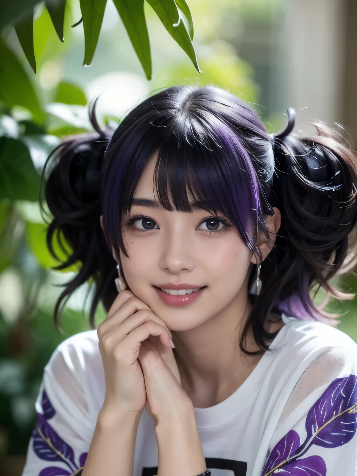 1girl, solo, (cute japanese girl), teenager, Slender Body, (huge Breasts:1.3), (pointy breasts:1.5), beautiful nipples, pink areolae, Low Height, (smile:1.3), Looking at camera,
break
close up, Hands covering face, peeking through fingers,
break,
Professional photo-realistic images, (8k, RAW photo, best quality, masterpiece:1.2), (realistic, photo-realistic:1.4), (extremely detailed 8k wallpaper), sharp focus, depth of field, blur background, bokeh, cinematic lighting, soft light, High resolution 16k close-up of human skin.
break
mamimi tanaka, (asymmetrical bangs:1. 5), blunt bangs, diagonal bangs, (purple eyes:1.1), (purple hair:1.3), (((twintails))),
break
asymmetrical legwear, black legwear,( ((botanical print oversized t-shirt))), earrings, jewelry, mismatched legwear, nail polish, ring, (see-through oversized t-shirt:1.25), (naked oversized t-shirt), microskirt, thighhighs,
break