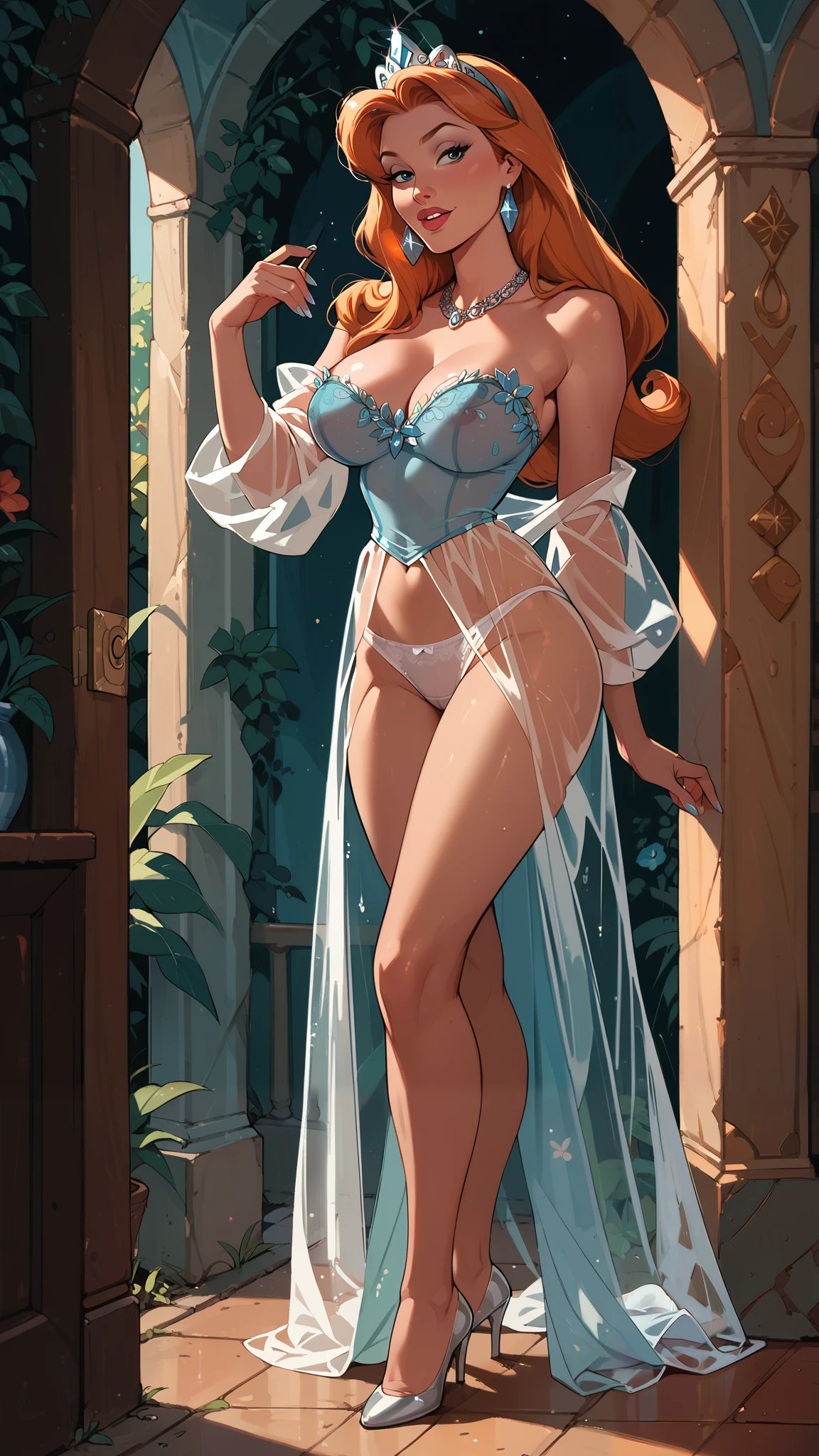 Sexy Disney princess, transparent clothing, white panties.
Transparent,Large breasts,