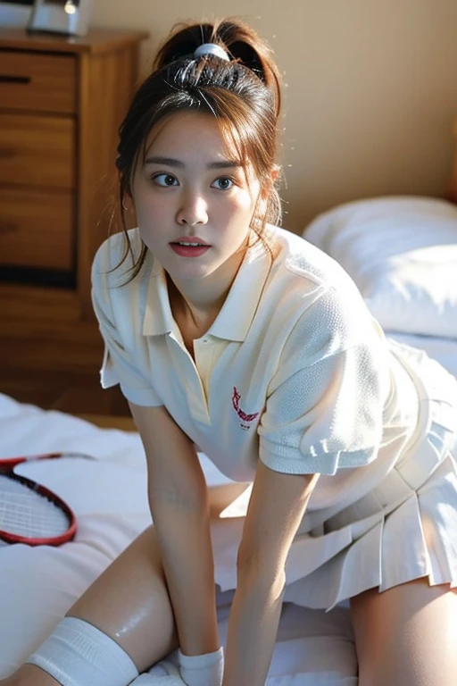 (Masterpiece, Best quality: 1.4), (Ultra realistic, Photo-realistic: 1.2), Full body, Lying on back, bdsm, Hands tied behind back, Hands restraints, Spread legs, Looking at viewer, Natural light, 28 years old actress, Japanese women, Neat and clean, (Wearing white tennis uniform, White polo shirt with collar, Not buttoning the polo shirt, White pleated tennis skirt: 1.3), Wearing white sock, (Ponytail: 1.2), Short wavy hair, Brown hair color, (Beautiful Face), Oval face, clear, (Beautiful eyes, Kind eyes), (Clear skin), Small face, (Beautiful Small mouth), Natural makeup, Approachable, Seductive smile, Seductive pose, Beautiful thighs, Bedroom eyes, Embarrassed, Blush, Hotel Suite room,On bed,
