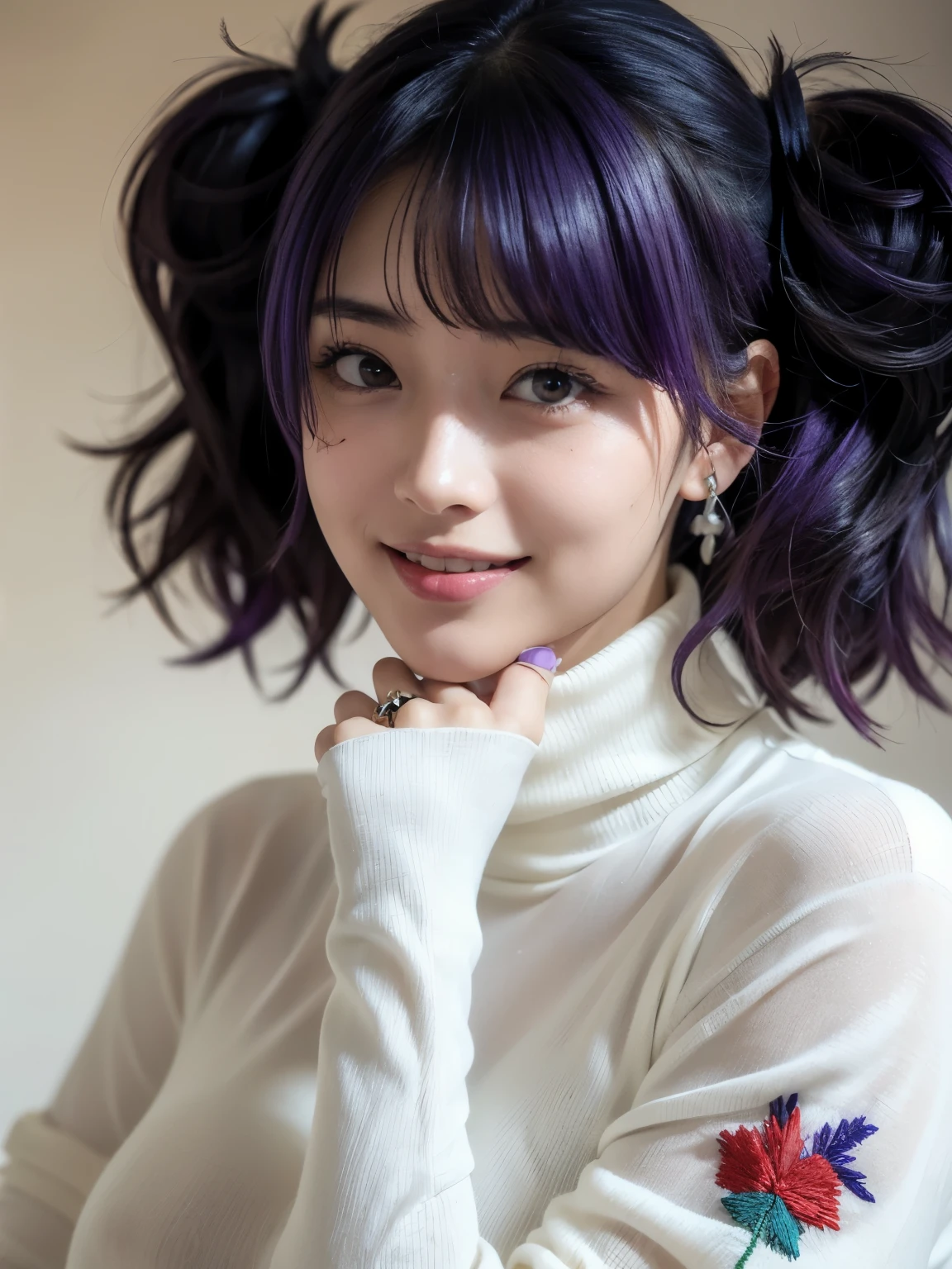 1girl, solo, (cute japanese girl), teenager, Slender Body, (huge Breasts:1.3), (pointy breasts:1.3), beautiful nipples, pink areolae, Low Height, (smile:1.3), Looking at camera, 
break
close up, Hands covering face, peeking through fingers,
break,
Professional photo-realistic images, (8k, RAW photo, best quality, masterpiece:1.2), (realistic, photo-realistic:1.4), (extremely detailed 8k wallpaper), sharp focus, depth of field, blur background, bokeh, cinematic lighting, soft light, High resolution 16k close-up of human skin.
break 
mamimi tanaka, (asymmetrical bangs:1. 5), blunt bangs, diagonal bangs, (purple eyes:1.1), (purple hair:1.3), (((twintails))),
break
asymmetrical legwear, black legwear, (((white Embroidery_turtleneck))), earrings, jewelry, mismatched legwear, nail polish, ring, (see-through turtleneck), (naked turtleneck), microskirt, thighhighs, 
break
