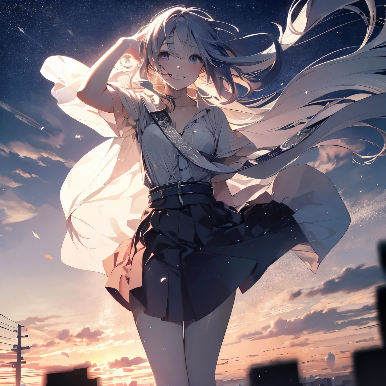 ( one girl, 28 years old:1.3), ( realistic:1.4), (Masterpiece, best quality , best quality , Official Art), very detailed, most detailed, ( very detailed), (( so delicate and beautiful)), Cinematic Light , ( realistically:1.3), ( curvy woman :1.2), high resolution, 8K Ultra HD , 4K, 8k, Bokeh, DSLR Camera ,(Cute sister:1.3)、 long lashes、 Slanted Eyes 、smile、 night city、((Strong winds))、 dynamic angle , from below, Mid-chest、 Focus on the Bust 、 V-neck, Please spread your legs slightly 、、 skirt 、 tea hair、shy、 wet、rain、Gazing at the sky、A big smile