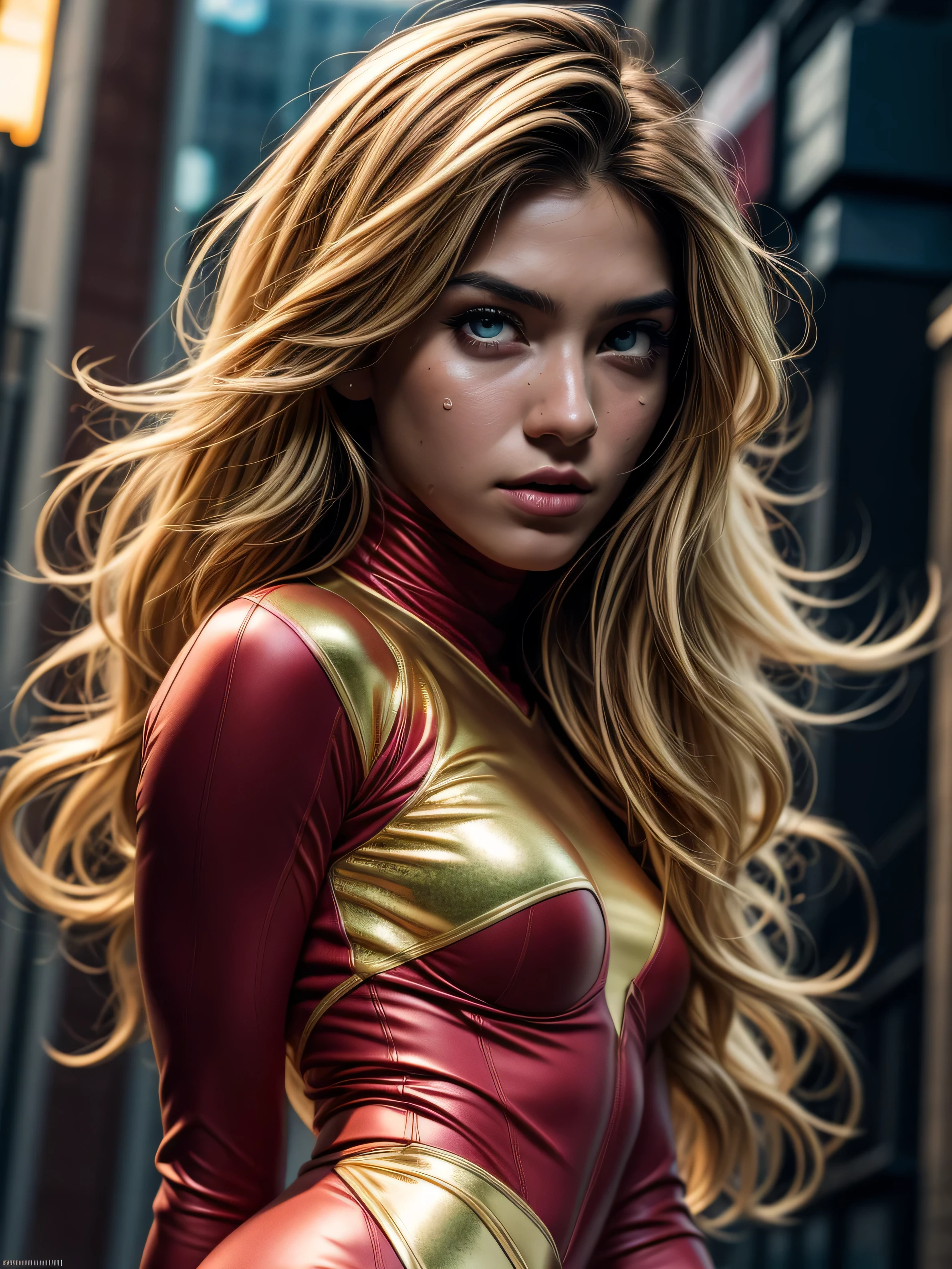Anime style, (superhero woman), insanely beautiful blonde, 21 years old, full body, top angle, body curves, superhero costume,black and gold, skin tight outfit, bodystocking, smooth creamy skin, beautiful maroon eyes, Beautiful facial details, ((Manhattan background) )), low angle medium shot, greedy and attractive, amazingly euphoric gorgeous, vivid emotion, peach fluff, symmetrical circular iris, natural Glitter makeup, detailed moisture, detailed droplets, detailed intricate hair strands, DSLR, reflected in raytraced, Pino Deni, Larry's Bud Melmann, symmetrical face and body, CGsociety, Gottfried Hernwein and Irakli Nadal, eye reflections, focus, Unreal Engine 5,V-ray render, Organic rendering, VFX, film photography, dramatic lighting, extreme detail, Ultra HD, post-processing, post-production, single face, Tanvir Tamim, ultra-realistic photography, Shot with Hasselblad X1D-50c, ISO 100