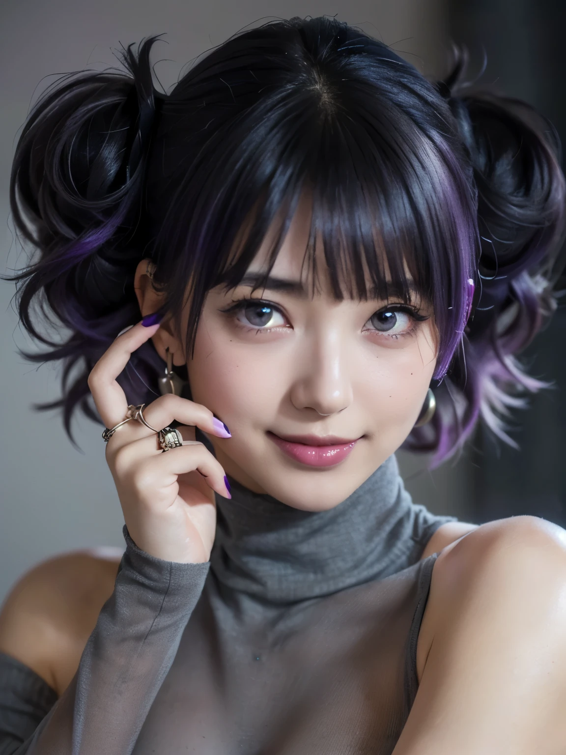 1girl, solo, (cute japanese girl), ager, Slender Body, (huge Breasts:1.2), (pointy breasts:1.3), ((beautiful nipples, pink areolae, Low Height, (smile:1.3), Looking at camera, 
break
close up, Hands covering face, peeking through fingers,
break,
Professional photo-realistic images, (8k, RAW photo, best quality, masterpiece:1.2), (realistic, photo-realistic:1.4), (extremely detailed 8k wallpaper), sharp focus, depth of field, blur background, bokeh, cinematic lighting, soft light, High resolution 16k close-up of human skin.
break 
mamimi tanaka, (asymmetrical bangs:1. 5), blunt bangs, diagonal bangs, (purple eyes:1.1), (purple hair:1.3), (((twintails))),
break
asymmetrical legwear, black legwear, (((dark gray turtleneck))), earrings, jewelry, mismatched legwear, nail polish, ring, (see-through turtleneck), (naked turtleneck), microskirt, thighhighs, 
break
