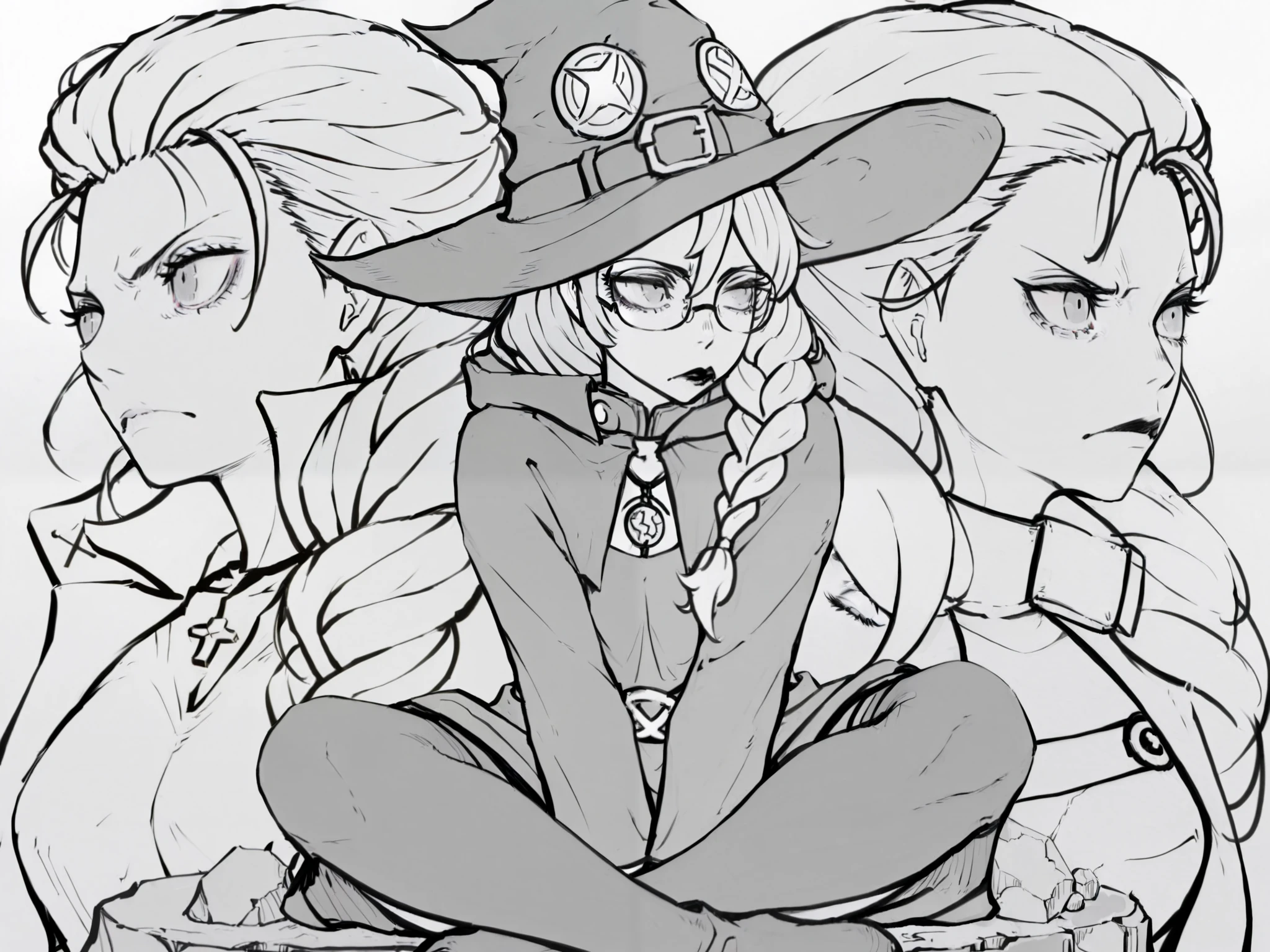 score_9, score_8_up, score_7_up, score_6_up, score_5_up, score_4_up,
BREAK
(masterpiece: 1.0), best quality, perfect anatomy, perfect composition, perfection,
BREAK
line-art, lineart, monchrome, greyscale, masterpiece. kdm style, no color
BREAK
1girl, round glasses, white hair, long eyelashes, long hair, braid over shoulder, witch hat, witch dress, Cute, black lips, grey eyes , milf, buxom, defined eyelashes, sitting cross legged on a rock