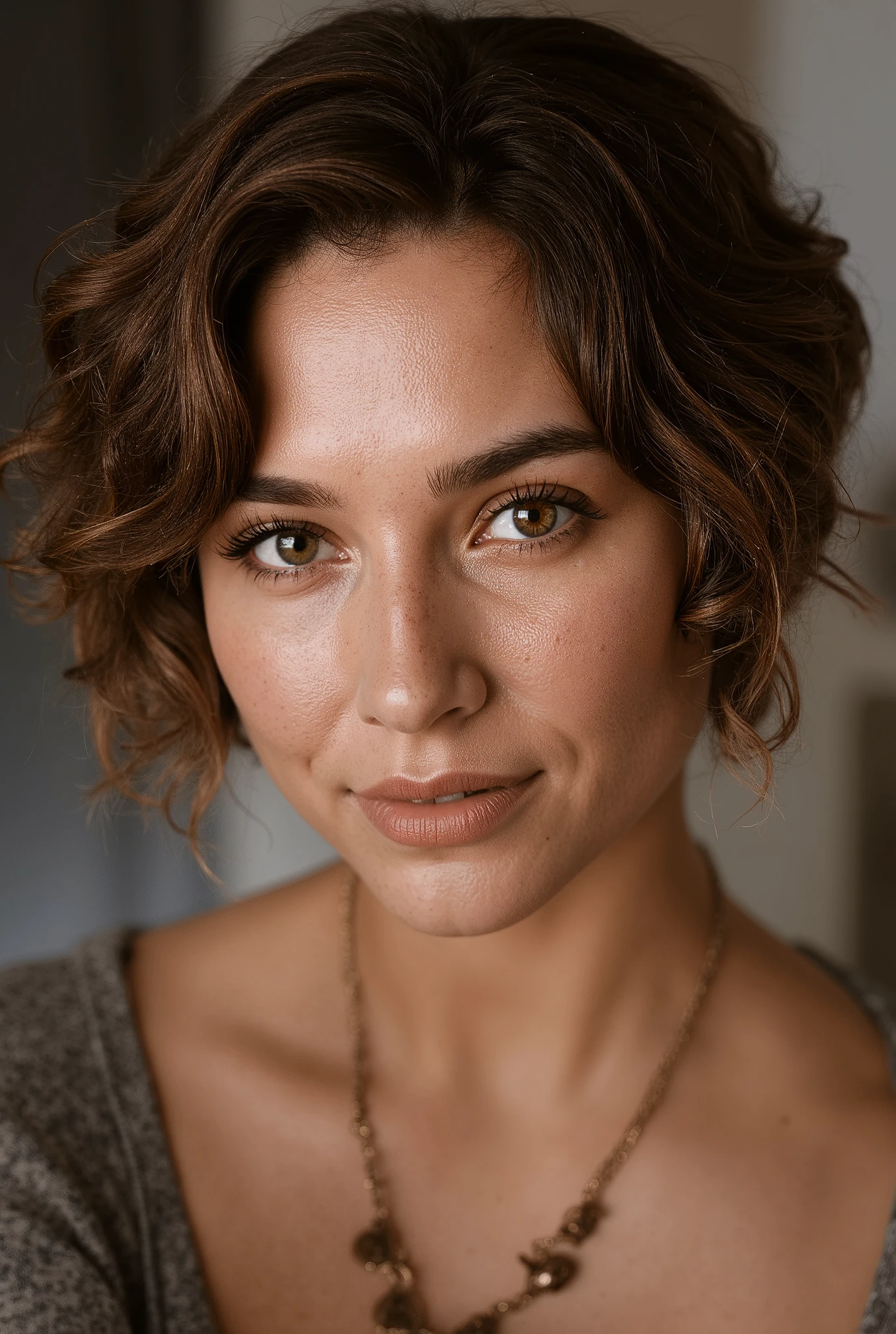 a close up of a woman with a necklace around her neck, retrato sophie mudd, short wavy hair , Curly haircut with middle part, short wavy hair , Olivia Culpo, short wavy brown hair, Portrait of Ana de Armas , Shoulder-Length Wavy Hair, Portrait of Ana de Armas, with short hair , Short brown hair and big eyes SITTING IN THE LIVING ROOM