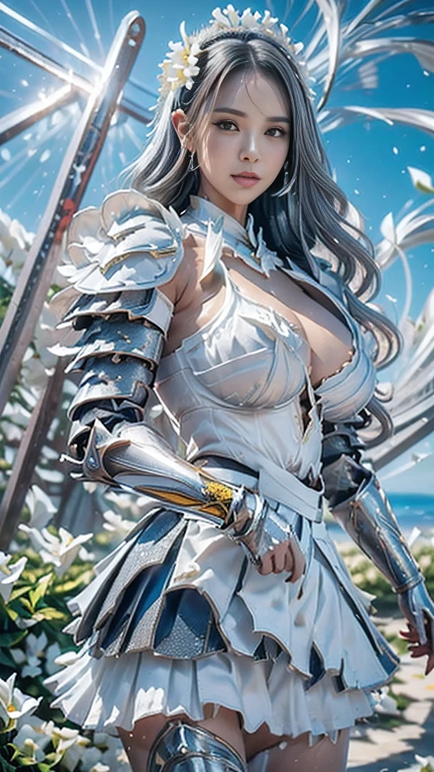 young woman, ((Oiran)),warrior,((wielding a huge_weapon)), very detailed on trendsな, realistic ,seductive smile,((form front:1.8)), Brilliant Appearance , Creative Action, extremely detailed, Imaginative, Sensual, spontaneous , best quality , skin texture, ((very long hair:1.8)),((blunt ends:1.8)),((Silver gray:1.6)),((muscular female)), toned body , plump thighs,(huge breasts:1.6),White Armor engraved with a white gardenia flower pattern,((White Armor:1.3)),(( leather samurai armor knight)), bikini type design that emphasizes chest exposure ,((sideboob)), wear a yellow cloak with a white gardenia flower pattern , ((ruffled skirt:1.3)), white shin guard with a white gardenia flower pattern engraved , Black high-leg underwear , white tights, absolute domain, intricate detail ,((Dynamic lighting)),((The waves are intense on the coast)),((Dazzling blue sky :1.8)),((Meteor shower:1.6)),((White gardenia petals background:1.5)), ((White gardenia petals)), ((White gardenia petals dancing in the wind)),(( white gardenia flowers blooming in full bloom after the subject :1.5 )),(( white gardenia flowers are blooming all over the front of the subject:1.3)), (confetti), RAW photos , 8k, masterpiece, best quality , ultra detail , very detailed on trends, intricate detail , high resolution,超 intricate detail, very detailed on trends 8k cg wallpaper,
