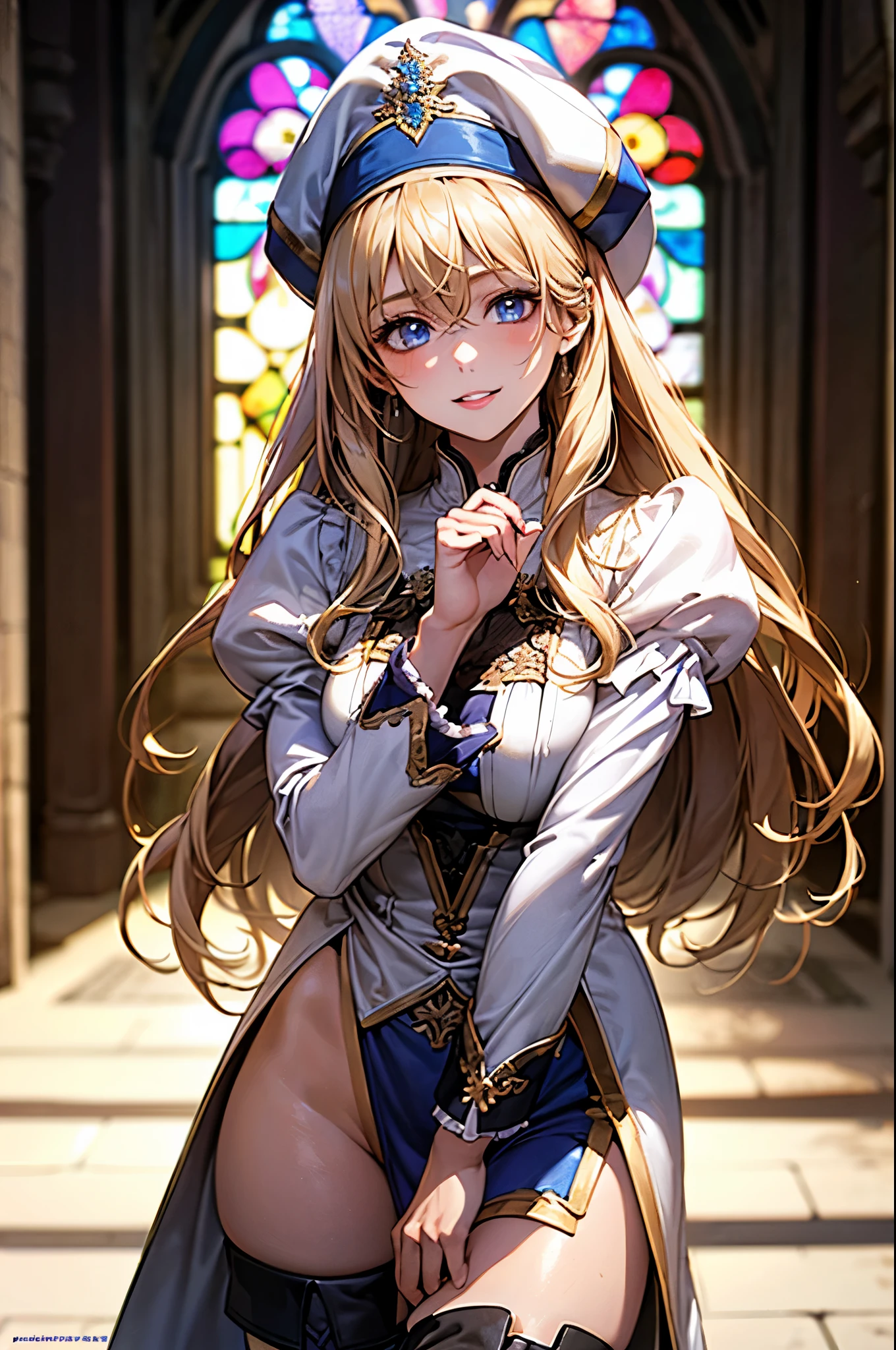 (masterpiece:1.3, top-quality, ultra high res, ultra detailed), (realistic, photorealistic:1.3), beautiful illustration, perfect lighting, natural lighting, colorful, depth of fields, 2025s, ,
beautiful detailed hair, beautiful detailed face, beautiful detailed eyes, (perfect anatomy, anatomically correct, super detailed skin), white skin, shiny skin,
looking at viewer, face focus, upper body, 1 girl, teenage girl, aapri, cute and symmetrical face, perfect face, perfect eyes, perfect body, five fingers, perfect hands, babyface, cute face:1.2, tiny,
(long hair, straight hair, long sidelocks, blonde hair), hair between eyes, blue eyes, big eyes, long eye lasher, (large breasts, large valleys, seductive thighs), slender,
(detailed cloth texture), break (white headwear, white dress, puffy sleeves, long sleeves, pelvic curtain, thigh-highs, thigh boots), break
(beautiful scenery), summer, evening, (church:1.2, stained glass), standing, (pose with movement), (lovely smile, parted lips),
