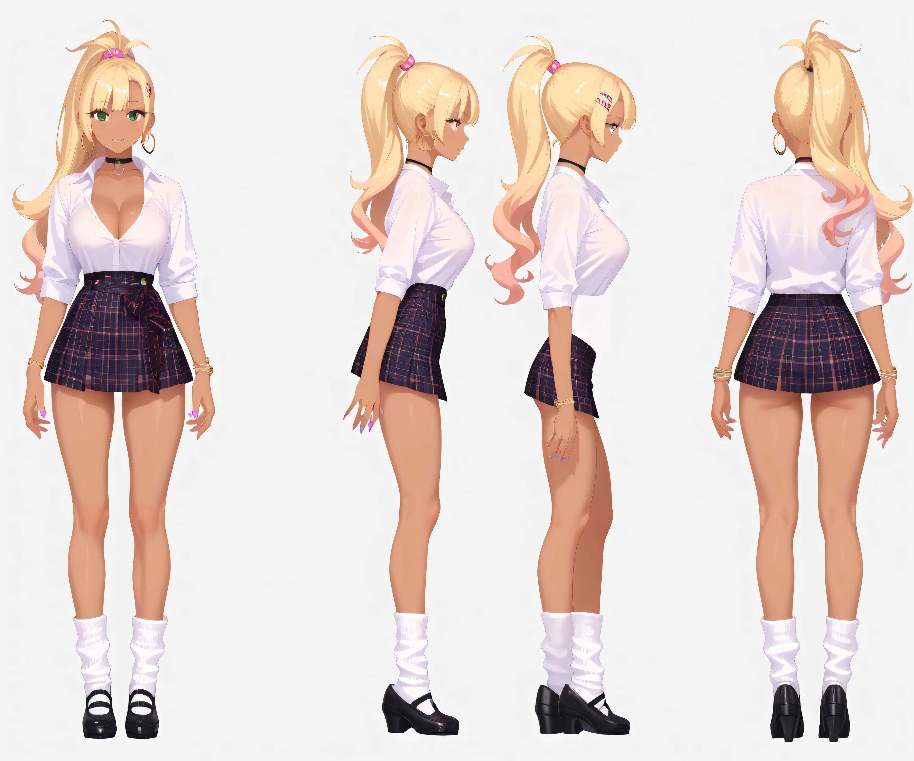 score_9, score_8_up, score_7_up, BREAK, imtdein, full body character turnaround of 1girl,Multiple views of the same character in the same outfit, simple background, white background, solo, green eyes, plaid skirt, blonde hair, white shirt, choker, cleavage, hair in ponytail, long hair, hairclip, hoop earring, ((baggy HARAJUKU SOCKS)), rating_questionable. #model sheet #consistent character #turnaround #multiview Gyaruu, tan, Gyaru #ponytail highponytail