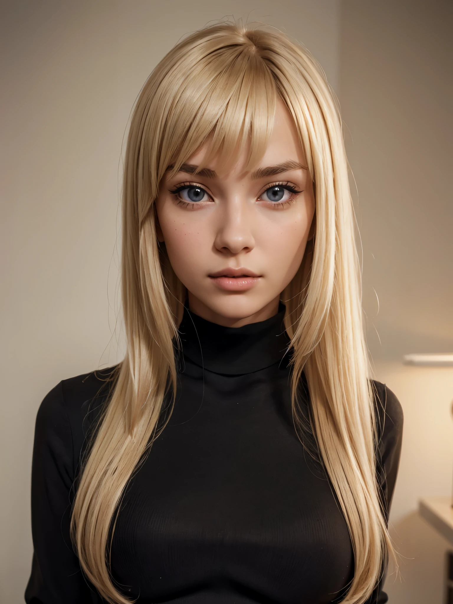 (best quality), 1girl, female, porcelain skin, blonde hair, straight hair, bangs, medium hair, swoopy tips, brown eyes, perfect eyes, black turtleneck, jeans, skinny body, petite, small bust, dark circles under eyes, masterpiece, anatomically correct, highres