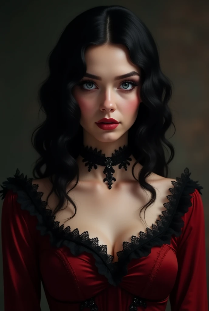 ((photograph)), black hair updo goth girl, blackout eyeshadow, 30 year elegant woman, pale skin, high collar renaissance maroon black lace dress, black lips, chains, bright blue eyes, buxom, upper torso, background medieval castle ballroom
