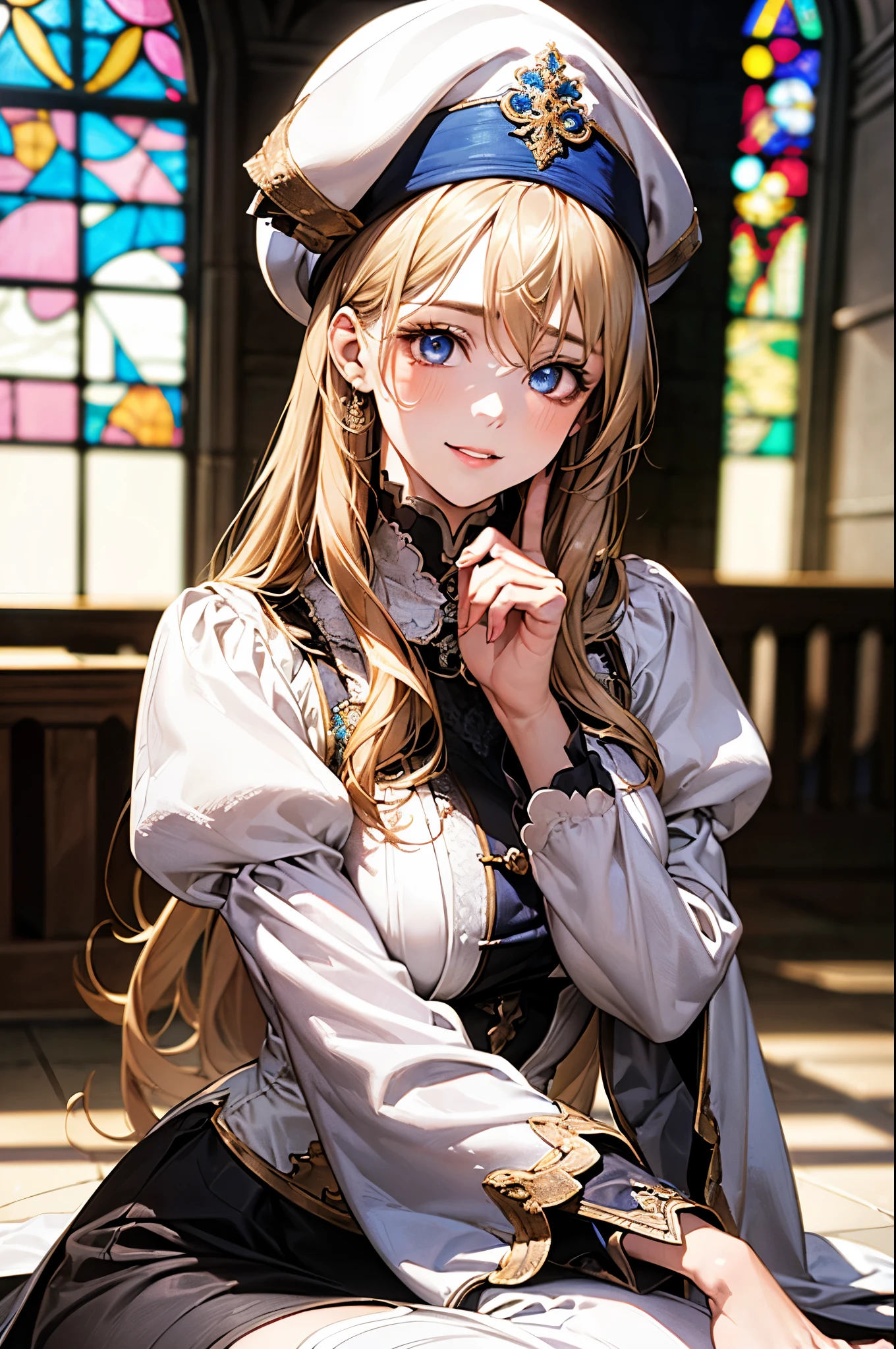 (masterpiece:1.3, top-quality, ultra high res, ultra detailed), (realistic, photorealistic:1.3), beautiful illustration, perfect lighting, natural lighting, colorful, depth of fields, 2025s, , 
beautiful detailed hair, beautiful detailed face, beautiful detailed eyes, (perfect anatomy, anatomically correct, super detailed skin), white skin, shiny skin, 
looking at viewer, face focus, upper body, 1 girl girl, aapri, cute and symmetrical face, perfect face, perfect eyes, perfect body, five fingers, perfect hands, babyface,e face:1.2, tiny, 
(long hair, straight hair, long sidelocks, blonde hair), hair between eyes, blue eyes, big eyes, long eye lasher, (large breasts, large valleys, seductive thighs), slender, 
(detailed cloth texture), break (white headwear, white dress, puffy sleeves, long sleeves, pelvic curtain, thigh-highs, thigh boots), break 
(beautiful scenery), summer, evening, (church:1.2, stained glass), sitting chair, (pose with movement), (lovely smile, parted lips),