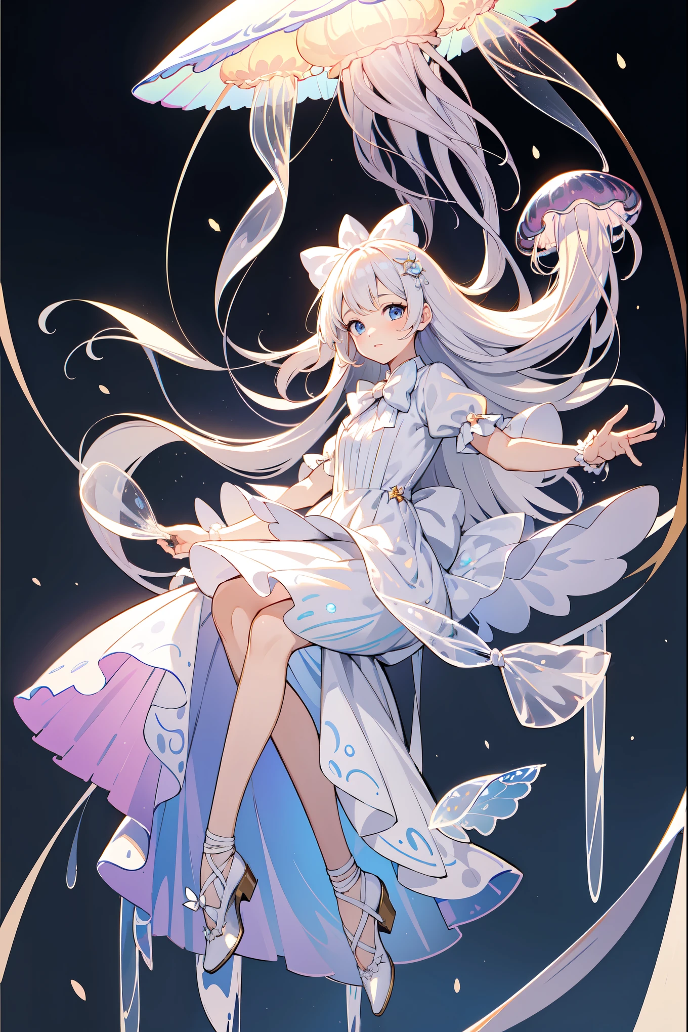 Best Picture Quality , Masterpiece, Ultra High Resolution, realism, fantasy theme, a girl, Jellyfish maiden,transparent jellyfish,Jellyfish Costume , jellyfish-shaped dress ( tutu), Light Hair , Fantastic scene , bow tie, white skin,long hair,} Tie your hair to ,ribbon, looking at audience
