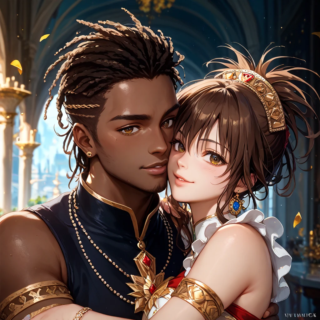 A caramel skinned Latina queen with golden crown filled with rubies having dub with her dark skinned Haitian King