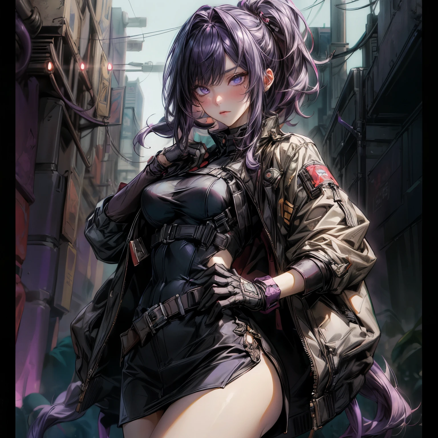 ((best quality)), ((Masterpiece)), ((Enrich the picture，Masterpiece level quality)), ultra background details, an image of a beautiful cyberpunk woman, mature woman, fierce woman, นายทหาร, นายพล, military uniform, cyberpunk theme, (( curtainbangs, purple hair)), golden eyes, sexy mini bikini, sexy black mini skirt, sexy jacket, ผู้คน, , bunker, ตุ้มหู, gloves