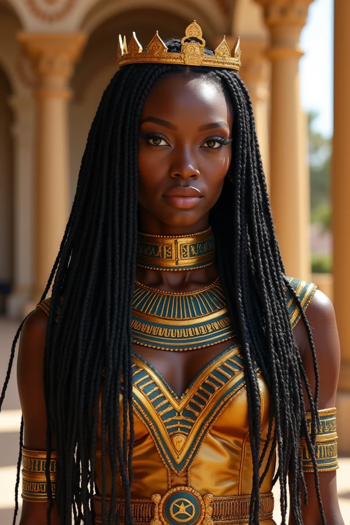 full body image of a ((Nubian1.5)) Queen of Nubia, ((light green hazel eyes:1.5)), woman from Cush, Cushite-Nubian warrior, beautiful ((black female:1.2)), dark-skin woman, realistic skin:1.2, freckles, (finely detailed skin textures:1.2), skin pores visible, perfect cinematic lighting, very small and  skin blemishes and imperfections, black hair, box braided hair, box braid, Graceful Midnight Angel of God, beautiful d&d character portrait, colorful fantasy, detailed, realistic face, realistic photo, intricate armor, fiverr dnd character, Afrocentric, stanley artgerm lau, ilya kuvshinov, artstation, hd, octane render, hyperrealism, unreal engine, attention to detail, Hyper-detailed, insane details, Beautifully color graded, Unreal Engine, DOF, Super-Resolution,Megapixel, Cinematic Lightning, Anti-Aliasing, FKAA, TXAA, RTX,SSAO,Post Processing, Post Production, Tone Mapping, CGI, VFX, SFX, Insanely detailed and intricate , Hyper maximalist, Hyper realistic, Volumetric, Photorealistic, ultra photoreal, ultra- detailed, intricate details,8K, Super detailed , Full color, Volumetric lightning, HDR, Realistic, Unreal Engine, 16K, Sharp focus. Octane render

