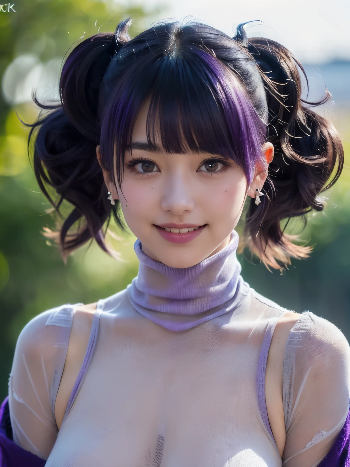1girl, solo, (cute japanese girl), ager, Slender Body, (huge Breasts:1.2), (pointy breasts:1.3), ((beautiful nipples, pink areolae, Low Height, (smile:1.3), Looking at camera,
break
upper body, dynamic pose, (Seductive pose:1.3), dynamic angle,
break,
Professional photo-realistic images, (8k, RAW photo, best quality, masterpiece:1.2), (realistic, photo-realistic:1.4), (extremely detailed 8k wallpaper), sharp focus, depth of field, blur background, bokeh, cinematic lighting, soft light, High resolution 16k close-up of human skin.
break
mamimi tanaka, (asymmetrical bangs:1. 5), blunt bangs, diagonal bangs, (purple eyes:1.1), (purple hair:1.3), (((twintails))),
break
asymmetrical legwear, black legwear, (((Pleats Tunic turtleneck))), earrings, jewelry, mismatched legwear, nail polish, ring, see-through, (see-through turtleneck), (naked turtleneck), microskirt, thighhighs, ((torn microskirt)),
break