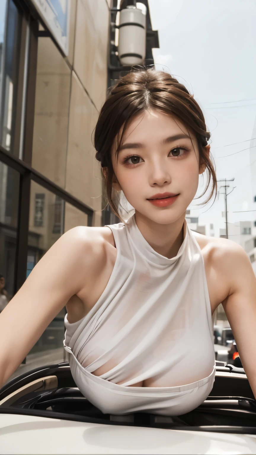 ((Show underarms、A hyper-realistic、Armpit、Detailed armpit wrinkles、Detailed armpit pores、Realistic armpit skin、Black armpit skin、Black armpits、The whole body towards the viewer、Show both armpits、Very small white sexy panties、small panty、Tiny panties、Stand in the city、In town、in a street), (illustratio), (hight resolution)), (8K), (ighly detailed), (The best illustrations), (armpit pose、beatiful detailed eyes), (top-quality), (ultra-detailliert), (masterpiece), (wall-paper), (详细的脸), (A smile、red lipsticks)、((40-year-old woman,Show realistic armpits、Brown hair,short-hair,((Woman in navy blue high neck sleeveless sweater and white small sexy panties)), japanes,