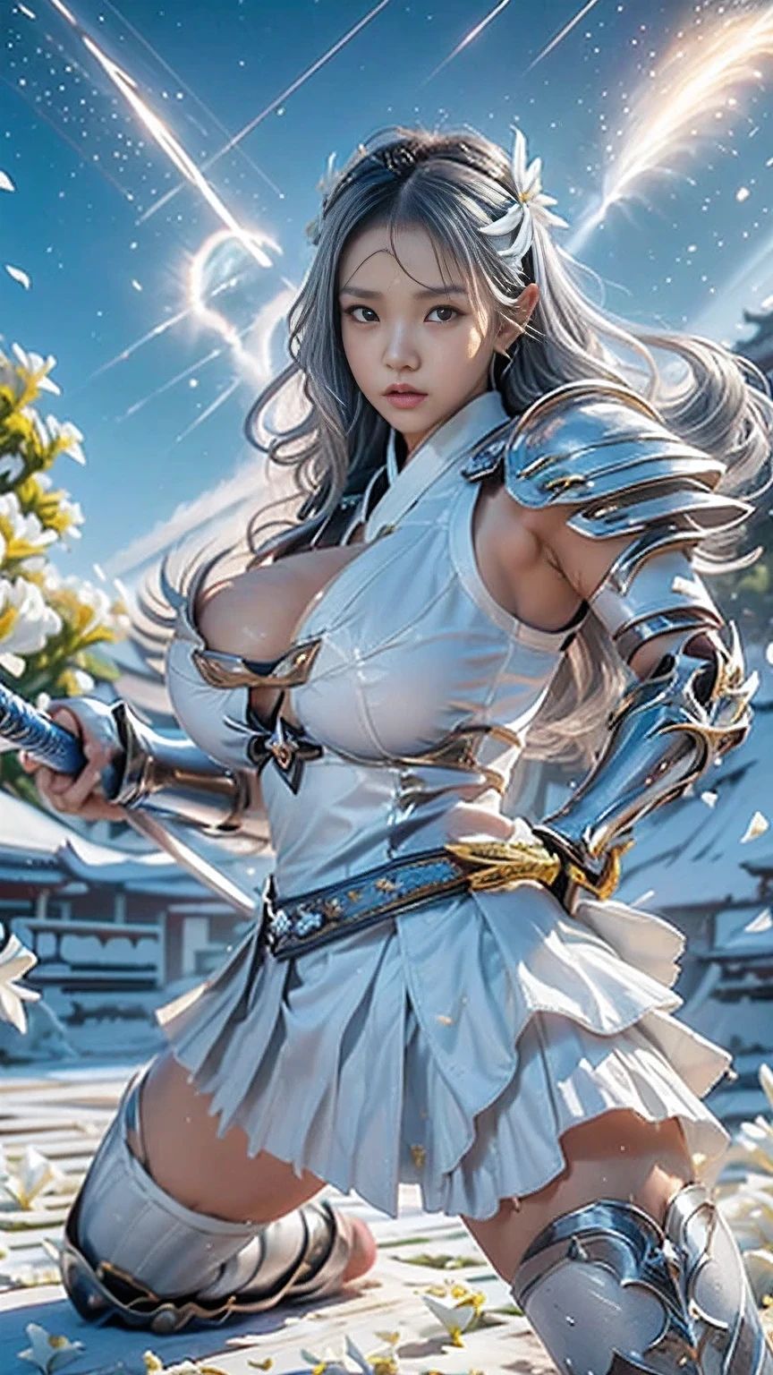 young woman, ((Oiran)),warrior,((wielding a huge_weapon:1.3)), very detailed on trendsな, realistic ,seductive smile,((nsfw)),((form front:1.8)),((battoujutsu stance:1.8)),((( Combat Stance:1.8))), ((acrobat angle :1.6)), Brilliant Appearance , Creative Action, extremely detailed, Imaginative, Sensual, spontaneous , best quality , skin texture, ((very long hair:1.8)),((blunt ends:1.8)),((Silver gray:1.6)),((muscular female)), toned body , plump thighs,(huge breasts:1.6),White Armor engraved with a white gardenia flower pattern,((White Armor:1.3)),(( leather samurai armor knight)), bikini type design that emphasizes chest exposure ,((sideboob)), wear a yellow cloak with a white gardenia flower pattern , ((ruffled skirt:1.3)), white shin guard with a white gardenia flower pattern engraved , Black high-leg underwear , white tights, absolute domain, intricate detail ,((Dynamic lighting)),((The waves are intense on the coast)),((Dazzling blue sky :1.8)),((Meteor shower:1.6)),((White gardenia petals background:1.5)), ((White gardenia petals)), ((White gardenia petals dancing in the wind)),(( white gardenia flowers blooming in full bloom after the subject :1.5 )),(( white gardenia flowers are blooming all over the front of the subject:1.3)), (confetti), RAW photos , 8k, masterpiece, best quality , ultra detail , very detailed on trends, intricate detail , high resolution,超 intricate detail, very detailed on trends 8k cg wallpaper,