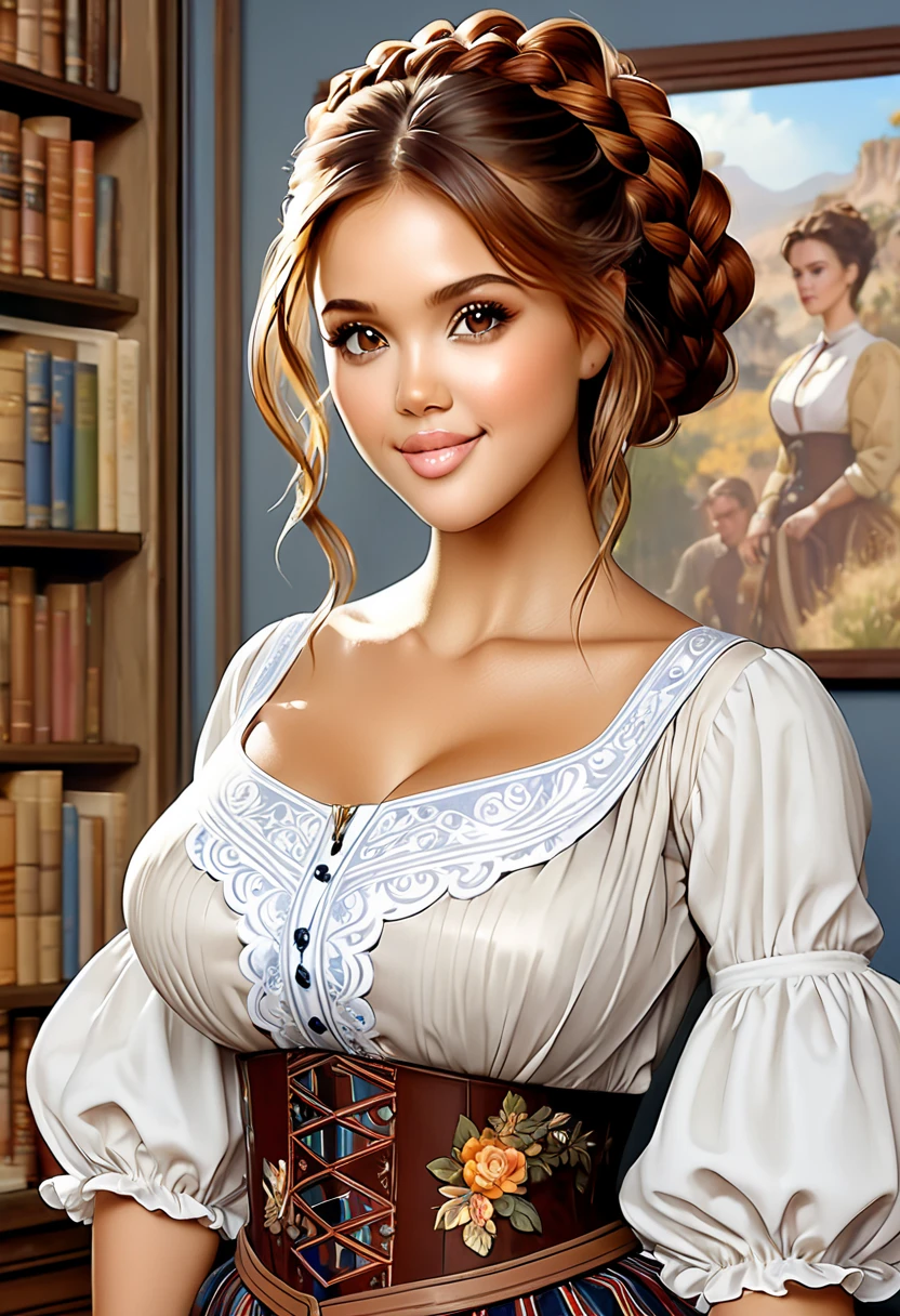 Beautiful Woman, Old West School Teacher, Full Lips, Auburn Hair Intricately But Loosely Braided. Deep_cleavage, Massive Chest. Detailed Beautiful Eyes, Pencil-Thin Waist, Wide Hips. Historically Accurate 1870s Old-West Frontier Dress. With Books. Gorgeous Smile, HourGlass Figure, Official Art, Award Winning Digital Painting, Digital Illustration, Extreme Detail, 4k, Ultra Hd, Rococo, Polished, Intricate, Realistic Fantasy Art, Sharp Focus, Concept Art, Art By Wlop, Artgerm, (2d Vector Illustration) Stunning Combination Anna Popplewell