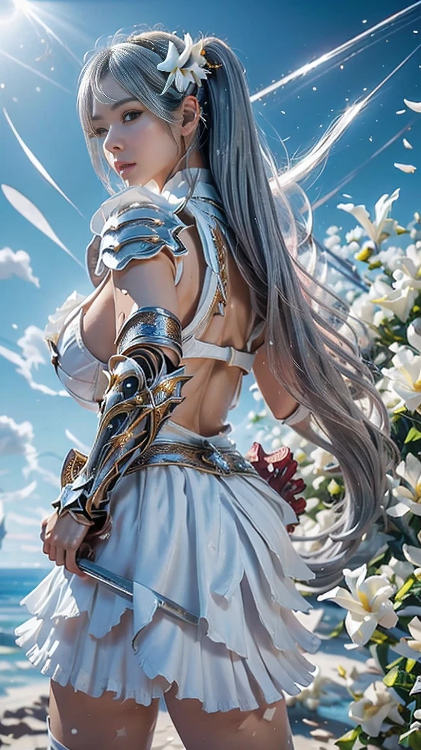 young woman, ((Oiran)),warrior,((wielding a huge_weapon:1.3)), very detailed on trendsな, realistic ,seductive smile,((nsfw)),((from behind, cowboy shot, looking back:1.8)),((( Combat Stance:1.8))), ((acrobat angle :1.6)), Brilliant Appearance , Creative Action, extremely detailed, Imaginative, Sensual, spontaneous , best quality , skin texture, ((very long hair:1.8)),((blunt ends:1.8)),((Silver gray:1.6)),((muscular female)), toned body , plump thighs,(huge breasts:1.6),White Armor engraved with a white gardenia flower pattern,((White Armor:1.3)),(( leather samurai armor knight)), bikini type design that emphasizes chest exposure ,((sideboob)), wear a yellow cloak with a white gardenia flower pattern , ((ruffled skirt:1.3)), white shin guard with a white gardenia flower pattern engraved , Black high-leg underwear , white tights, absolute domain, intricate detail ,((Dynamic lighting)),((The waves are intense on the coast)),((Dazzling blue sky :1.8)),((Meteor shower:1.6)),((White gardenia petals background:1.5)), ((White gardenia petals)), ((White gardenia petals dancing in the wind)),(( white gardenia flowers blooming in full bloom after the subject :1.5 )),(( white gardenia flowers are blooming all over the front of the subject:1.3)), (confetti), RAW photos , 8k, masterpiece, best quality , ultra detail , very detailed on trends, intricate detail , high resolution,超 intricate detail, very detailed on trends 8k cg wallpaper,