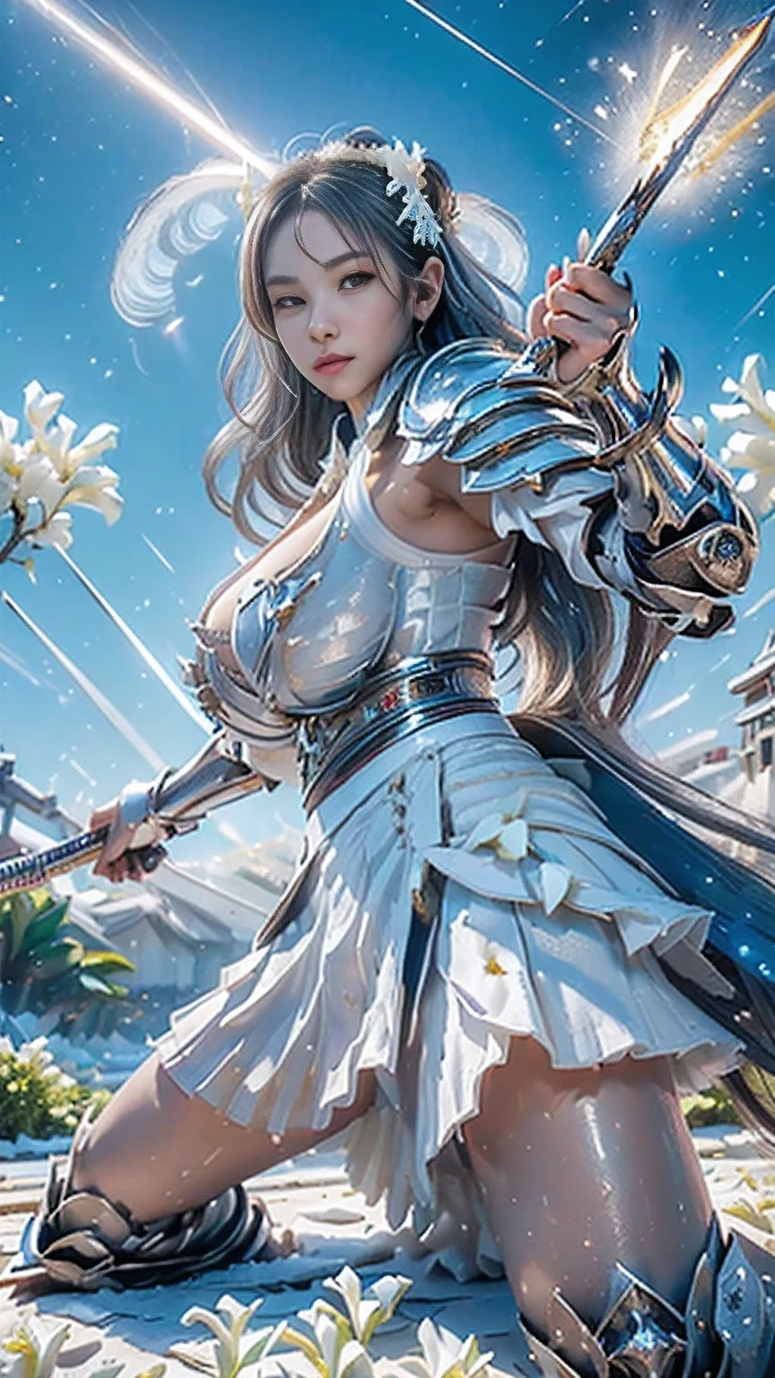  young woman, ((Oiran)),warrior,((wielding a huge_weapon:1.3)), very detailed on trendsな,  realistic ,seductive smile,((form front:1.8)),((( Combat Stance:1.8))), ((acrobat angle :1.6)), Brilliant Appearance , Creative Action,  extremely detailed, Imaginative,  Sensual, spontaneous ,  best quality ,  skin texture, ((very long hair:1.8)),((blunt ends:1.8)),((Silver gray:1.6)),((muscular female)), toned body , plump thighs,(huge breasts:1.6),White Armor engraved with a white gardenia flower pattern,((White Armor:1.3)),(( leather  samurai armor knight)), bikini type design that emphasizes chest exposure ,((sideboob)),  wear a yellow cloak with a white gardenia flower pattern , ((ruffled skirt:1.3)),  white shin guard with a white gardenia flower pattern engraved , Black high-leg underwear ,  white tights,  absolute domain,  intricate detail ,((Dynamic lighting)),((The waves are intense on the coast)),((Dazzling blue sky :1.8)),((Meteor shower:1.6)),((White gardenia petals background:1.5)), ((White gardenia petals)), ((White gardenia petals dancing in the wind)),(( white gardenia flowers blooming in full bloom after the subject :1.5 )),(( white gardenia flowers are blooming all over the front of the subject:1.3)), (confetti),  RAW photos , 8k, masterpiece,  best quality , ultra detail , very detailed on trends,  intricate detail , high resolution,超 intricate detail, very detailed on trends 8k cg wallpaper,