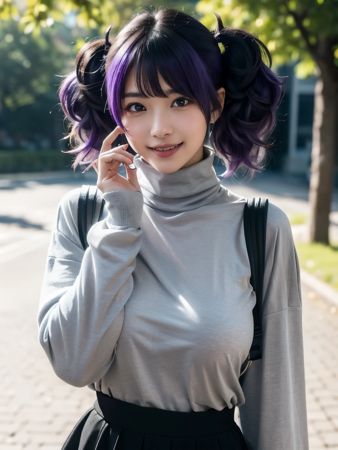 1girl, solo, (cute japanese girl), ager, Slender Body, (huge Breasts:1.3), (pointy breasts:1.5), beautiful nipples, pink areolae, Low Height, (smile:1.3), Looking at camera, 
break
upper body, ((Hands covering face, peeking through fingers)),
break,
Professional photo-realistic images, (8k, RAW photo, best quality, masterpiece:1.2), (realistic, photo-realistic:1.4), (extremely detailed 8k wallpaper), sharp focus, depth of field, blur background, bokeh, cinematic lighting, soft light, High resolution 16k close-up of human skin.
break 
mamimi tanaka, (asymmetrical bangs:1. 5), blunt bangs, diagonal bangs, (purple eyes:1.1), (purple hair:1.3), (((twintails))),
break
 (((light gray turtleneck oversized t-shirt))), earrings, jewelry, mismatched legwear, nail polish, ring, (see-through turtleneck oversized t-shirt:1.1), (naked turtleneck oversized t-shirt), microskirt, thighhighs, 
break

