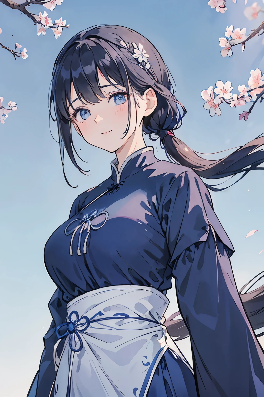 Dark hair
Pony tail
Light eyes
Normal breast size
No deep neckline
Shades of blue
Background
Cherry blossoms
Windblown strands of hair
Long-sleeved dress
High neckline
Subtle flair at the hem
Modest outfit
Pale sky blue
Deep navy
Soft, gradient blue
Delicate floral patterns
Subtle wind animation
Slightly tousled hair
A few loose strands framing the face
Gentle smile
Sparkling eyes, blue sky