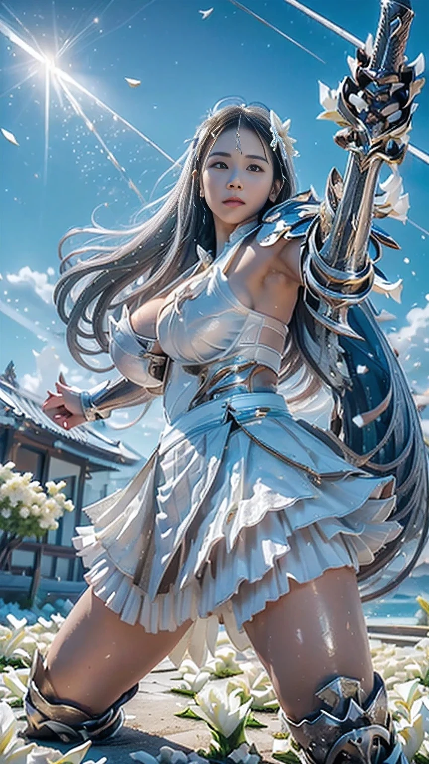  young woman, ((Oiran)),warrior,((wielding a huge_weapon:1.3)), very detailed on trendsな,  realistic ,seductive smile,((form front:1.8)),((( Combat Stance:1.8))), ((acrobat angle :1.6)), Brilliant Appearance , Creative Action,  extremely detailed, Imaginative,  Sensual, spontaneous ,  best quality ,  skin texture, ((very long hair:1.8)),((blunt ends:1.8)),((Silver gray:1.6)),((muscular female)), toned body , plump thighs,(huge breasts:1.6),White Armor engraved with a white gardenia flower pattern,((White Armor:1.3)),(( leather  samurai armor knight)), bikini type design that emphasizes chest exposure ,((sideboob)),  wear a yellow cloak with a white gardenia flower pattern , ((ruffled skirt:1.3)),  white shin guard with a white gardenia flower pattern engraved , Black high-leg underwear ,  white tights,  absolute domain,  intricate detail ,((Dynamic lighting)),((The waves are intense on the coast)),((Dazzling blue sky :1.8)),((Meteor shower:1.6)),((White gardenia petals background:1.5)), ((White gardenia petals)), ((White gardenia petals dancing in the wind)),(( white gardenia flowers blooming in full bloom after the subject :1.5 )),(( white gardenia flowers are blooming all over the front of the subject:1.3)), (confetti),  RAW photos , 8k, masterpiece,  best quality , ultra detail , very detailed on trends,  intricate detail , high resolution,超 intricate detail, very detailed on trends 8k cg wallpaper,