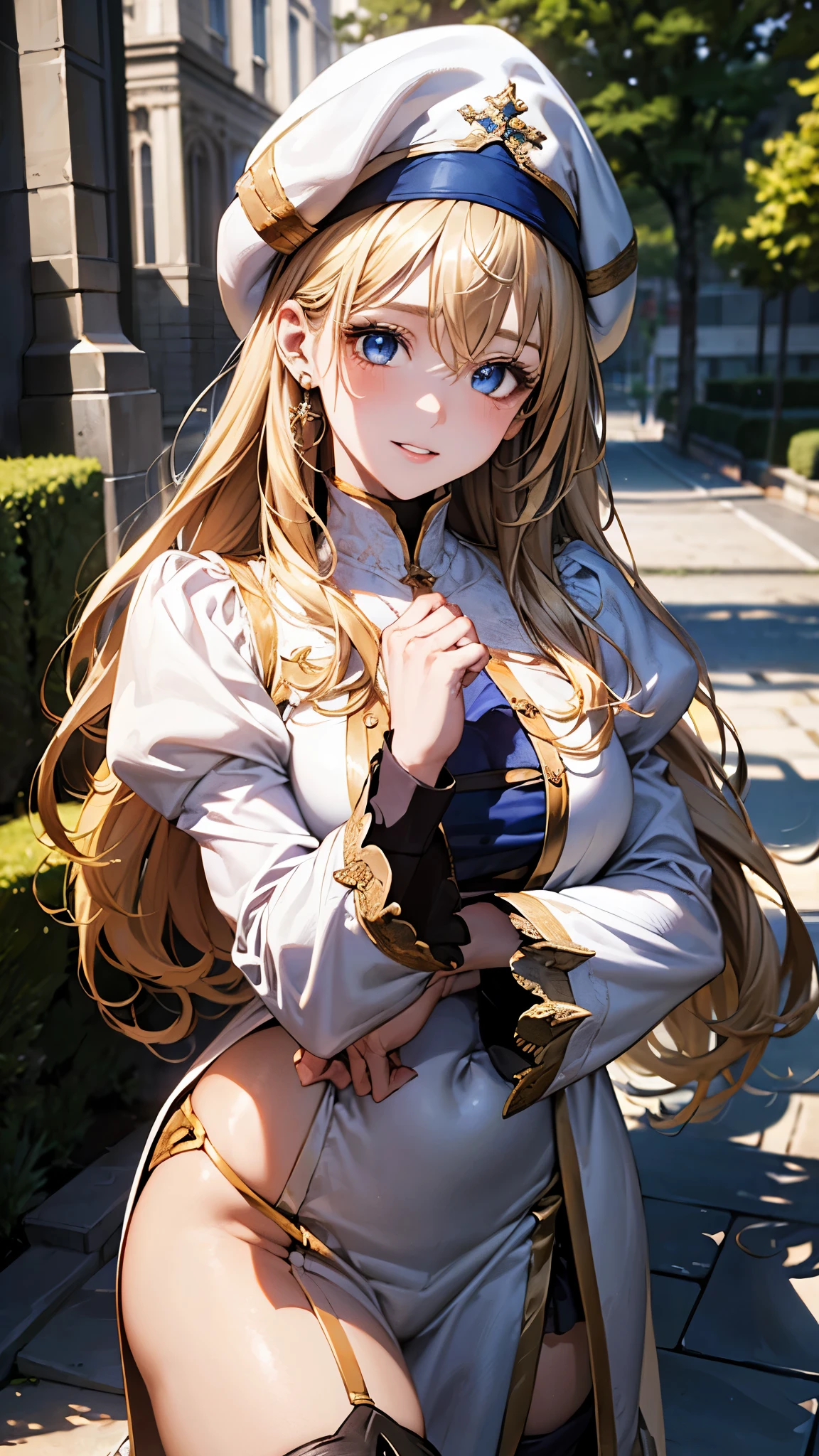 (masterpiece:1.3, top-quality, ultra high res, ultra detailed), (realistic, photorealistic:1.3), beautiful illustration, perfect lighting, natural lighting, colorful, depth of fields, 2025s, , 
beautiful detailed hair, beautiful detailed face, beautiful detailed eyes, (perfect anatomy, anatomically correct, super detailed skin), white skin, shiny skin, 
looking at viewer, face focus, upper body, 1 girl,  girl, aapri, cute and symmetrical face, perfect face, perfect eyes, perfect body, five fingers, perfect hands, babyfacute face:1.2, tiny, 
(long hair, straight hair, long sidelocks, blonde hair), hair between eyes, blue eyes, big eyes, long eye lasher, (large breasts, large valleys, seductive thighs), slender, 
(detailed cloth texture), break (white headwear, white dress, puffy sleeves, long sleeves, pelvic curtain, thigh-highs, thigh boots), break 
(beautiful scenery), summer, evening, (outside church:1.4, lawn square, trees), walking, (pose with movement), (lovely smile, parted lips),