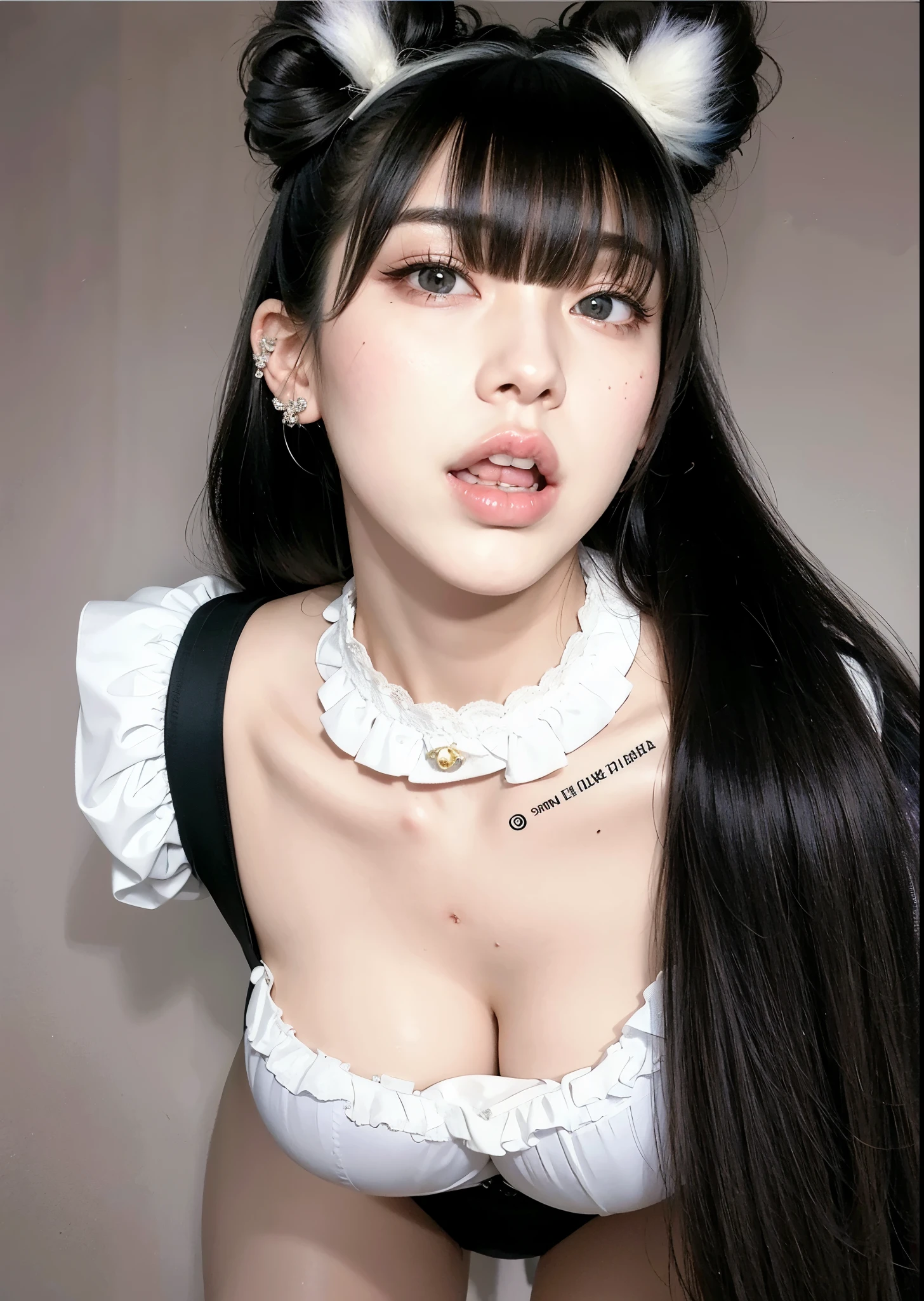 there is a woman with a fork and a knife in her hand, cruel korean goth girl, Ulzzang, Bela Delfina, contas cruzadas no peito nu, coelhinha doce ultrarrealista, with very thin lips, cara de ahegao, ahegao, Sakimichan, 1 7 Year Old Goth Anime Girl, pale milky white porcelain skin, Shikamimi