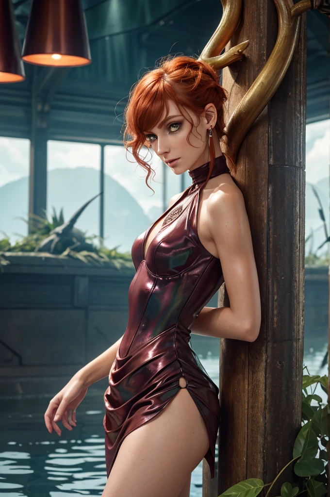there is a woman in a silver dress standing next to a pool, by tom bagshaw and boris vallejo, artgerm julie bell beeple, red haired goddess, moebius + loish + wlop, wlop jeremy lipkin, boris vallejo and tom bagshaw, karol bak and peter mohrbacher, pinup art