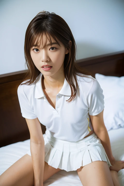 (Masterpiece, Best quality: 1.4), (Ultra realistic, Photo-realistic: 1.2), Full body, (kneeling: 1.3), back view, Looking at viewer, Natural light, 18 years old actress, Japanese women, (arms behind back: 1.2), Neat and clean, ((White tennis uniform, White short-sleeve polo shirt with collar:1.2)), (unbutton:1.3), ((White tennis pleated skirt:1.2)), Wearing white sock, (ponytail: 1.2), Light brown hair color, (Beautiful Face), Oval face, clear, (Beautiful eyes, Kind eyes), (Clear skin), Small face, (Small mouth, Beautiful mouth), Natural makeup, Approachable, Luxury hotel Suite room, On bed, (nsfw:1.1), Seductive smile, Seductive pose, Beautiful thighs, Bedroom eyes,