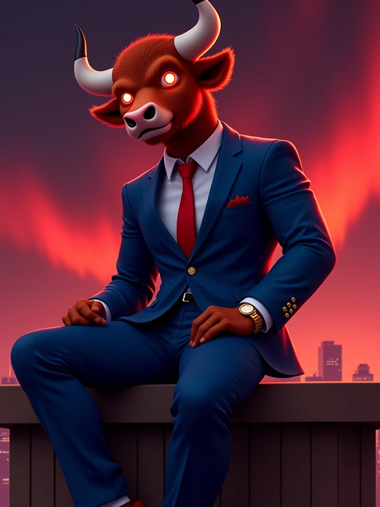 Make an image of a man with a mavy blue suit and a white button up with a red tie. He has the head of a Bull with bright red, vibrant eyes. Make his build like that of an athlete, lean and muscular. Have a gold watch on his wrist. His color is a reddish-brown.
He is sitting on top of a bulidng, with a red aurora borealis in the background. Make his eyes glow a bright red, add a red hue to the room. Add a cheeky smirk on his face
Make it in the style of a cartoon