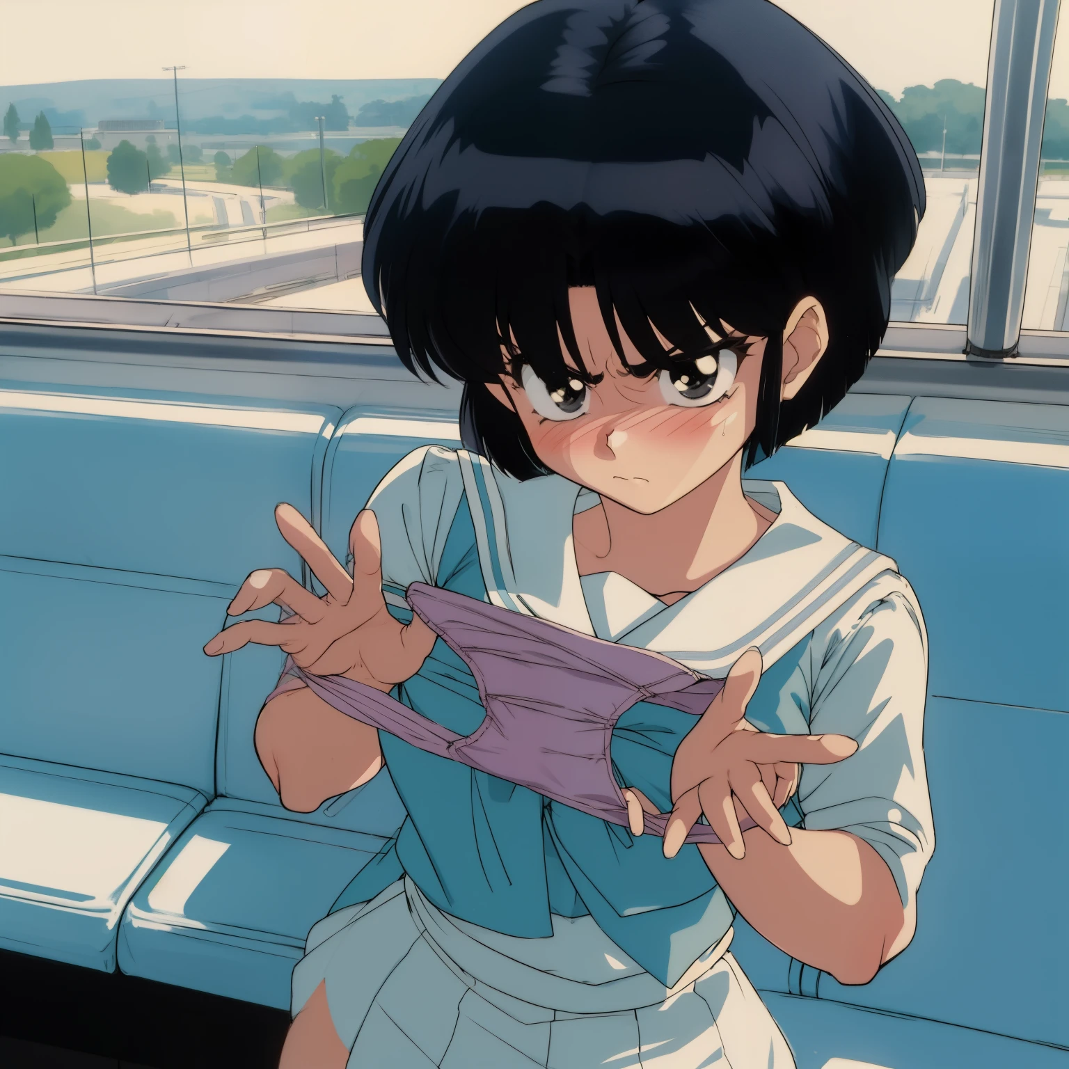 ((masterpiece)),((best quality)),ultra-detailed,illustration,Explicit,Beautiful body,Beautiful Nose,perfect eyes,perfect face,wallpaper,ultra highres,4K,photography,anime screencap,official style,shiny skin,faint lips,BREAK,nsfw,1girl,solo,Akane_tendo,Blue hair,furinkanuniform,slender,wearing white panties,BREAK,blush,angry,closed eyes,closed mouth,tears,cameltoe,lift skift,show white panties,looking side,(cowboy shot:1.2),from behind,on the train