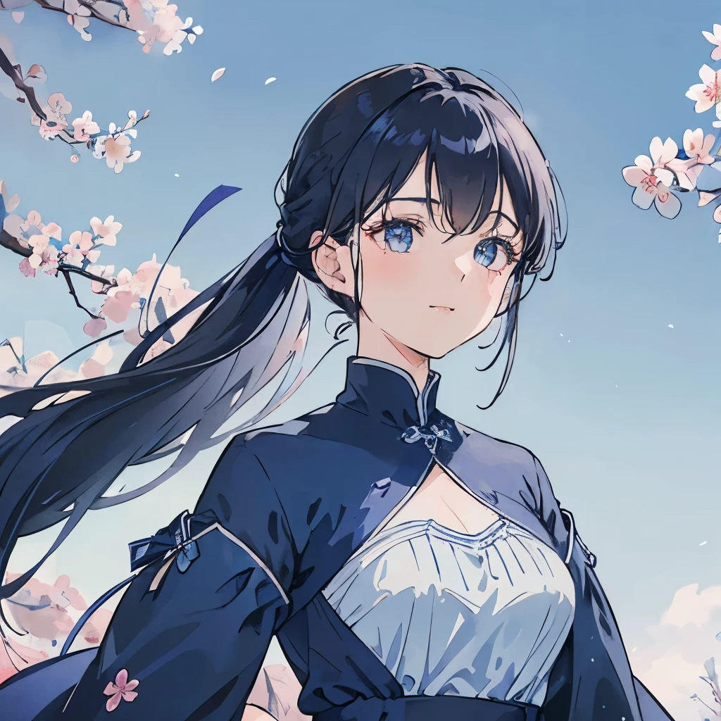 Dark hair Pony tail Light eyes Shades of blue Background Cherry blossoms Windblown strands of hair Long-sleeved dress High neckline Subtle flair at the hem Modest outfit Pale sky blue Deep navy Soft, gradient blue Delicate floral patterns Subtle wind animation Slightly tousled hair A few loose strands framing the face Gentle smile Sparkling eyes Blue sky