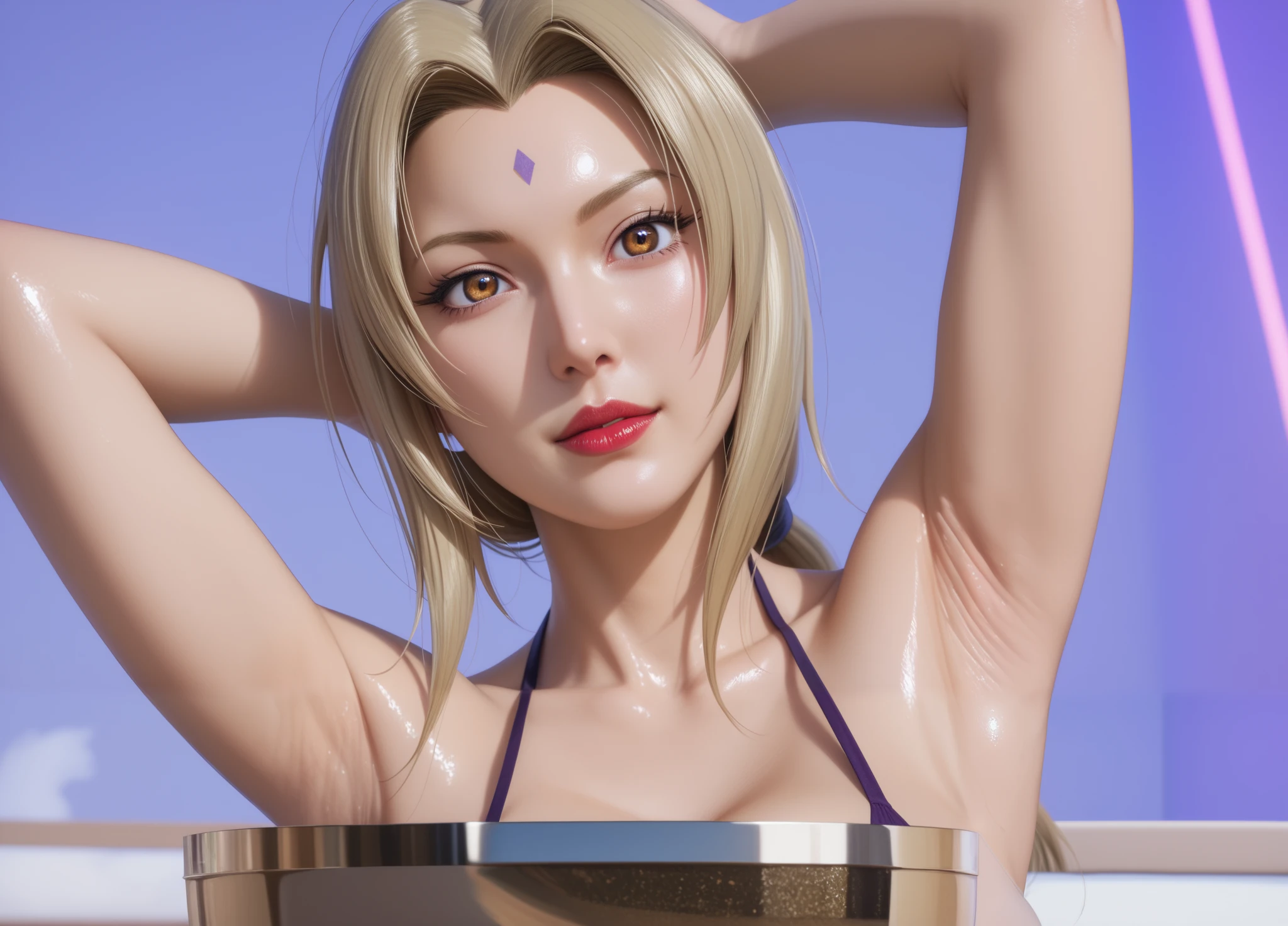 score_9,score_8_up,score_7_up,high res image,masterpiece,best quality,realistic,mature female,(fair_skin:1.1),(shiny_skin:1.2),Tsunade,t5un4d3,Light yellow long hair,blue purple mark on forehead,light yellow thin short eyebrows,bright brown pupils,light red lips,(hanging breasts:1.1),(big breasts:1.2),chopiotsunade,(;d:1.4),
