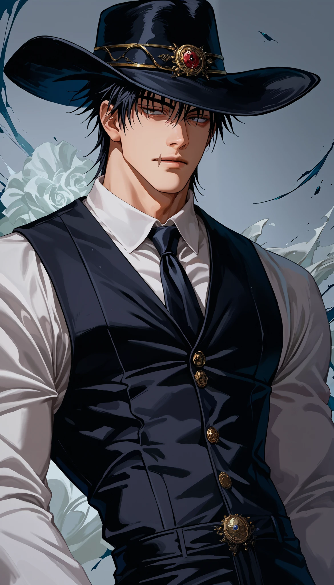 source_anime, solo, male focus, 1boy, jjkt0ji, scar on face, scar on mouth, male, expressionless, looking at viewer, close up formal, source_anime, wearing black trousers, white shirt and victorian classic black vest ,black tie,black cowboy hat ,(masterpiece:1.3),(Highest quality:1.4),(Very detailedな:1.5),High resolution,Very detailed,8K, black cowboy hat