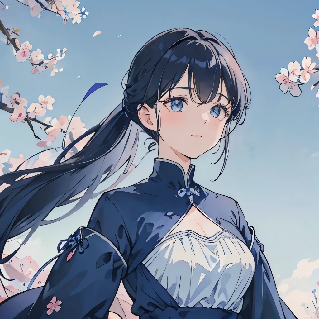 Dark hair Pony tail Light eyes Shades of blue Background Cherry blossoms Windblown strands of hair Long-sleeved dress High neckline Subtle flair at the hem Modest outfit Pale sky blue Deep navy Soft, gradient blue Delicate floral patterns Subtle wind animation Slightly tousled hair A few loose strands framing the face Gentle smile Sparkling eyes Blue sky