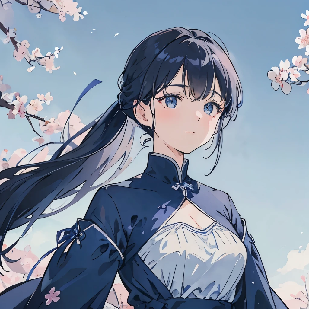 Dark hair Pony tail Light eyes Shades of blue Background Cherry blossoms Windblown strands of hair Long-sleeved dress High neckline Subtle flair at the hem Modest outfit Pale sky blue Deep navy Soft, gradient blue Delicate floral patterns Subtle wind animation Slightly tousled hair A few loose strands framing the face Gentle smile Sparkling eyes Blue sky