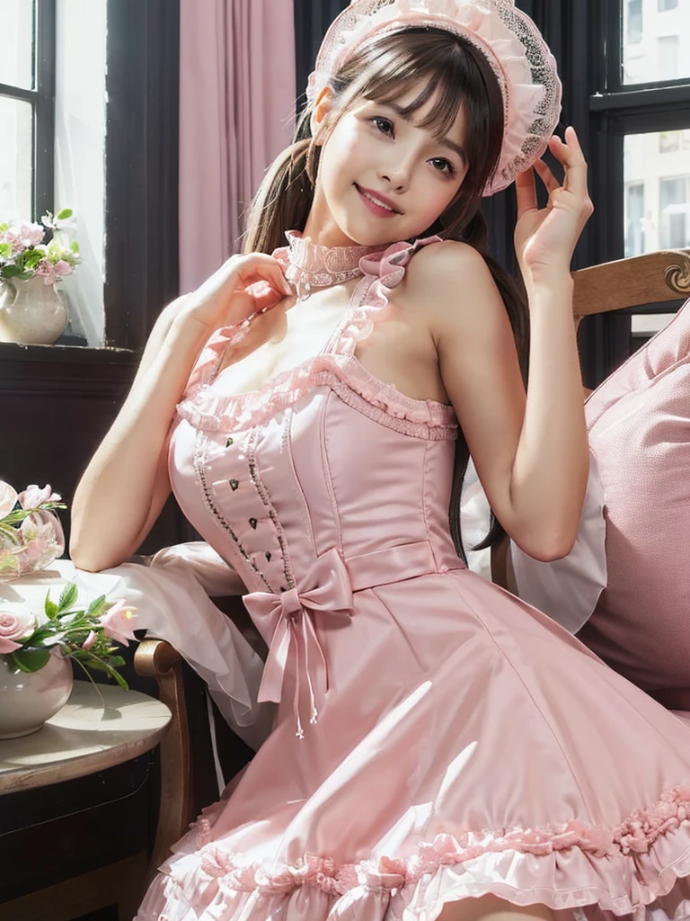 ((highest quality, muste piece, Super high resolution、the most complex and detailed depiction))、big smile looking at me、ink costume、(The most luxurious red and pink luxury bedroom:1.3)、(Gorgeous red and pink brothel bedroom:1.2)、One huge bed perfect in the background、Bed surrounded by luxurious curtains、1 girl、(gorgeous prostitute idol:1.3)、cleavage、big and full breasts、long and beautiful、look at me with a big smile、(Gorgeous and luxurious giant idol costumes:1.2)、(Luxurious and high-class idol prostitution costume in frilly red and pink:1.2)、(Complex and high-quality idol prostitution costumes decorated with large amounts of jewelry:1.2)、(accurate anatomy:1.2)、(blurry distant view:1.2)、chandelier lighting、epic movie lighting