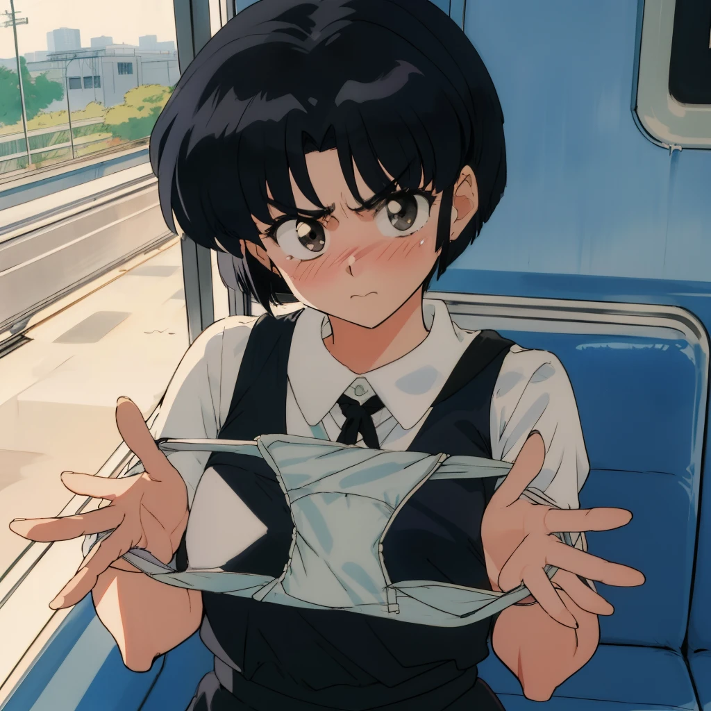 muted pastel colors, Retro anime, аниме 1990-х, 1980s anime, brushstrokes, tmasterpiece, beste-Qualit, 1girl, solo, kblack eyes, black colored hair, schooluniform, Bob haircut, bottomless,closed mouth, blush,embarrassed,angry,gloom,serious,determined,contemptuous,disdsin,disgust,looking for side, (presenting panties),(holding panties),presentingpanties,panties, holding,holding panties,on the train,(upper body:1.5)
